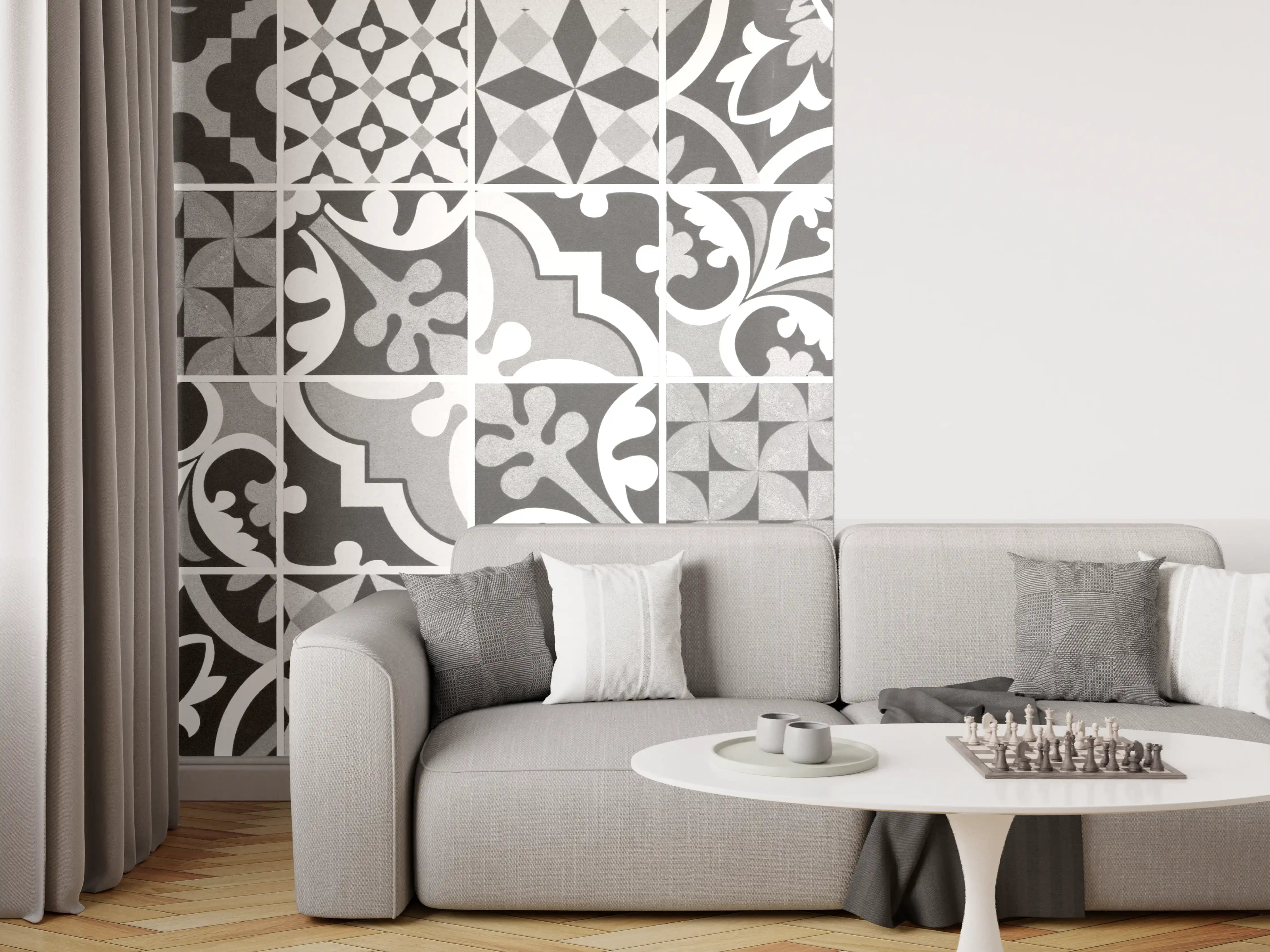 Wandverkleidung Wohnzimmer - Grau-Weiß Vintage Mosaik
