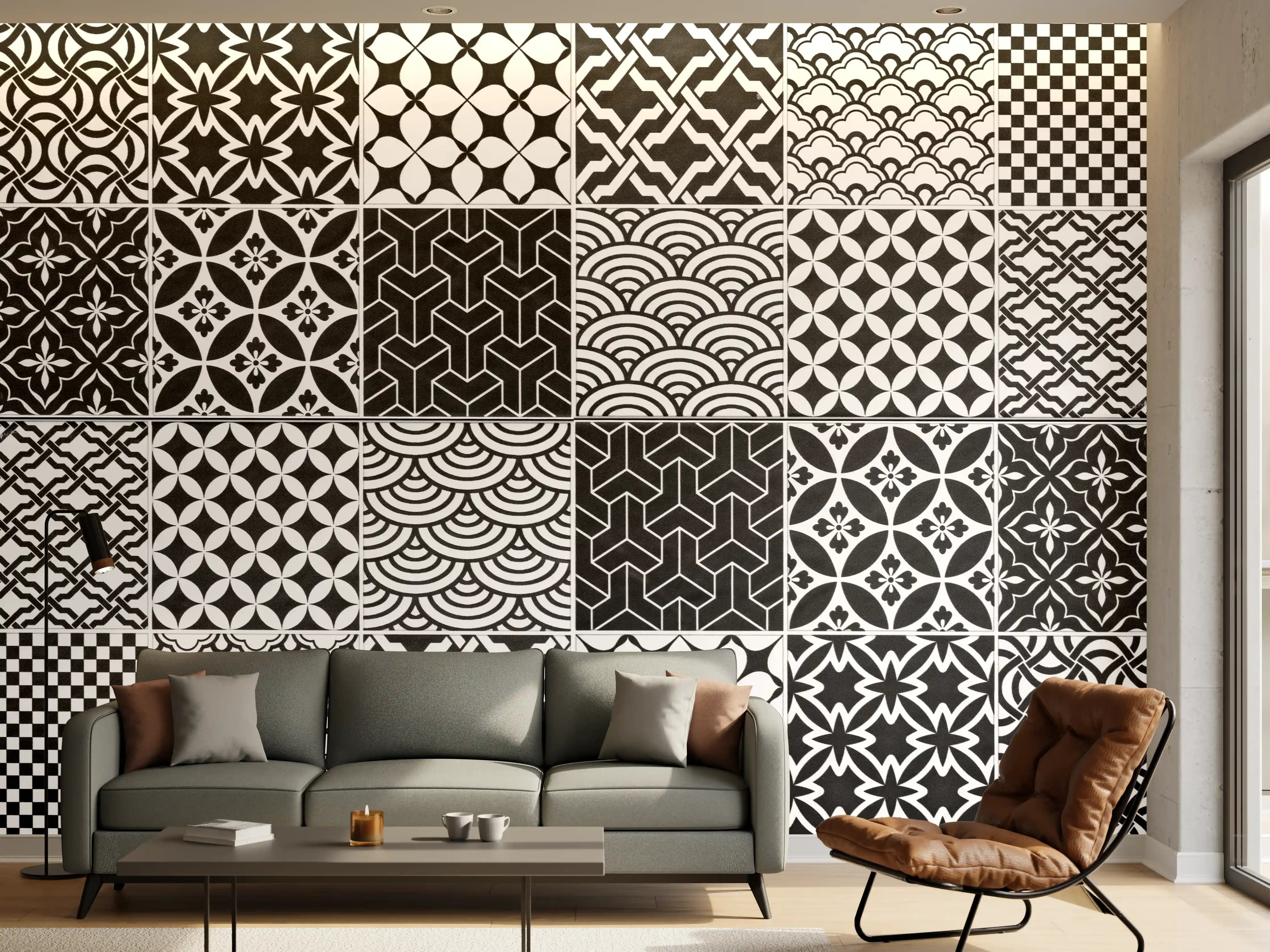 Wandverkleidung Wohnzimmer - Grau-Weiß geometrisch Mosaik