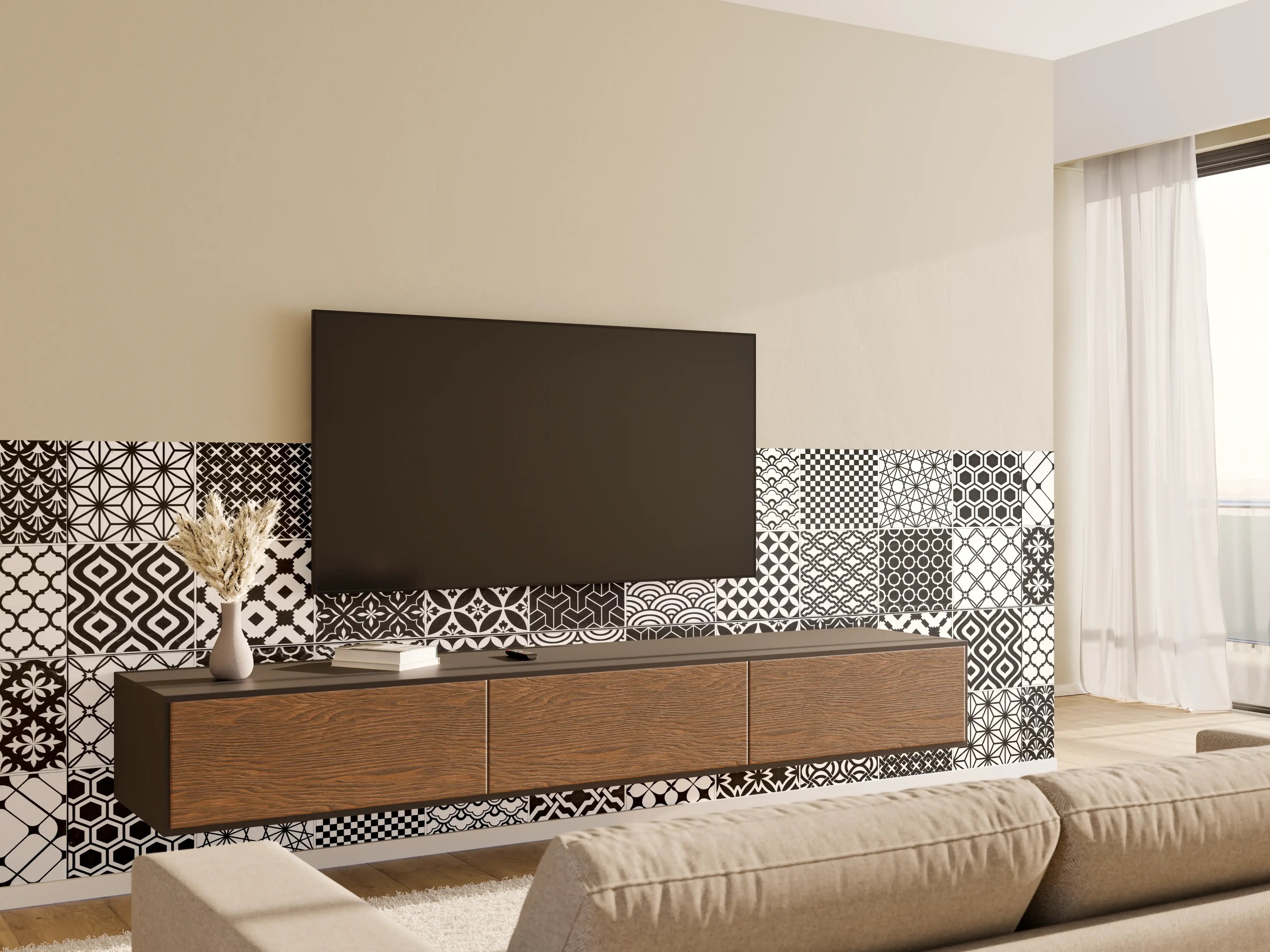 Wandverkleidung Wohnzimmer - Grau-Weiß geometrisch Mosaik
