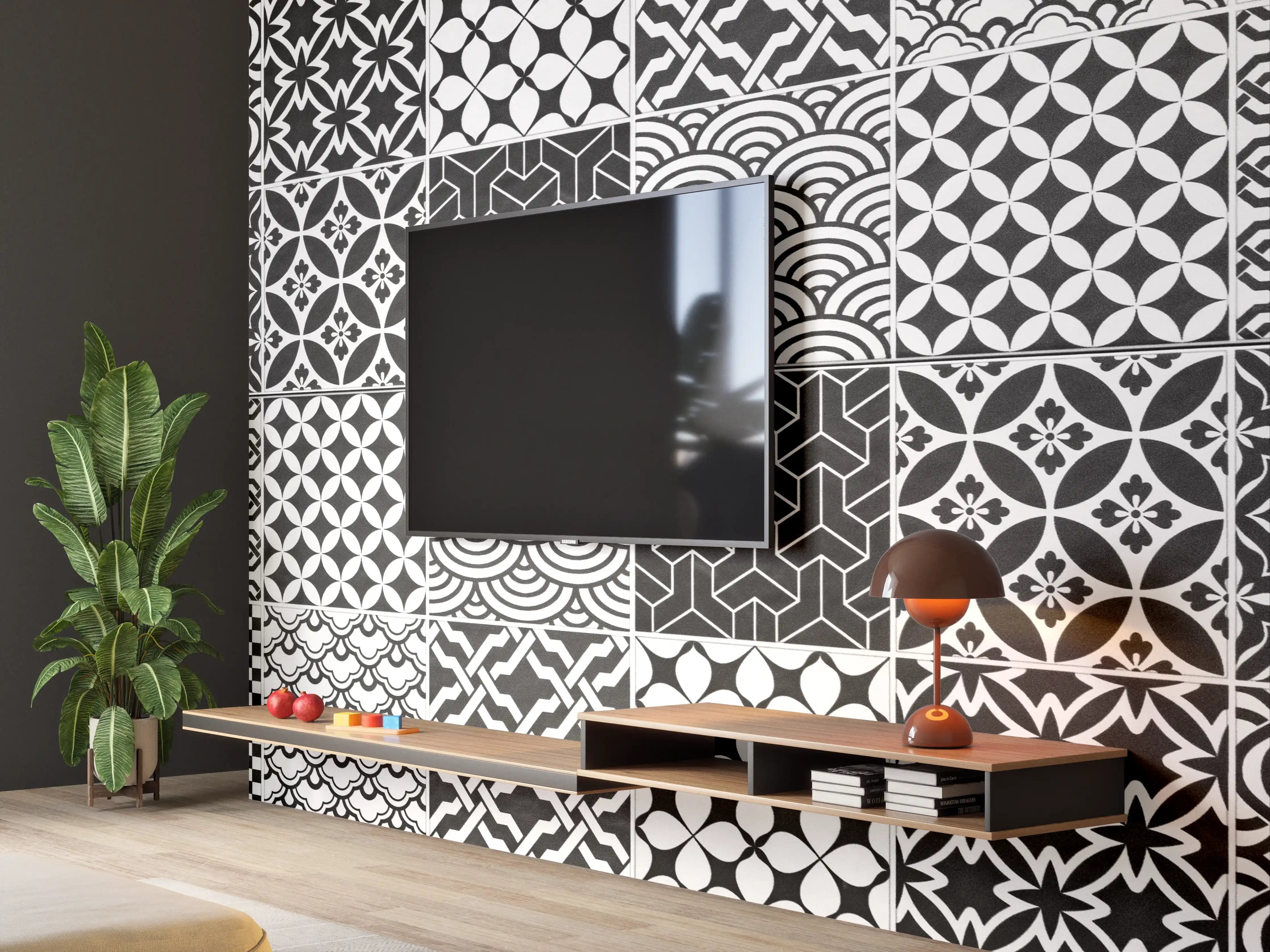Wandverkleidung Wohnzimmer - Grau-Weiß geometrisch Mosaik