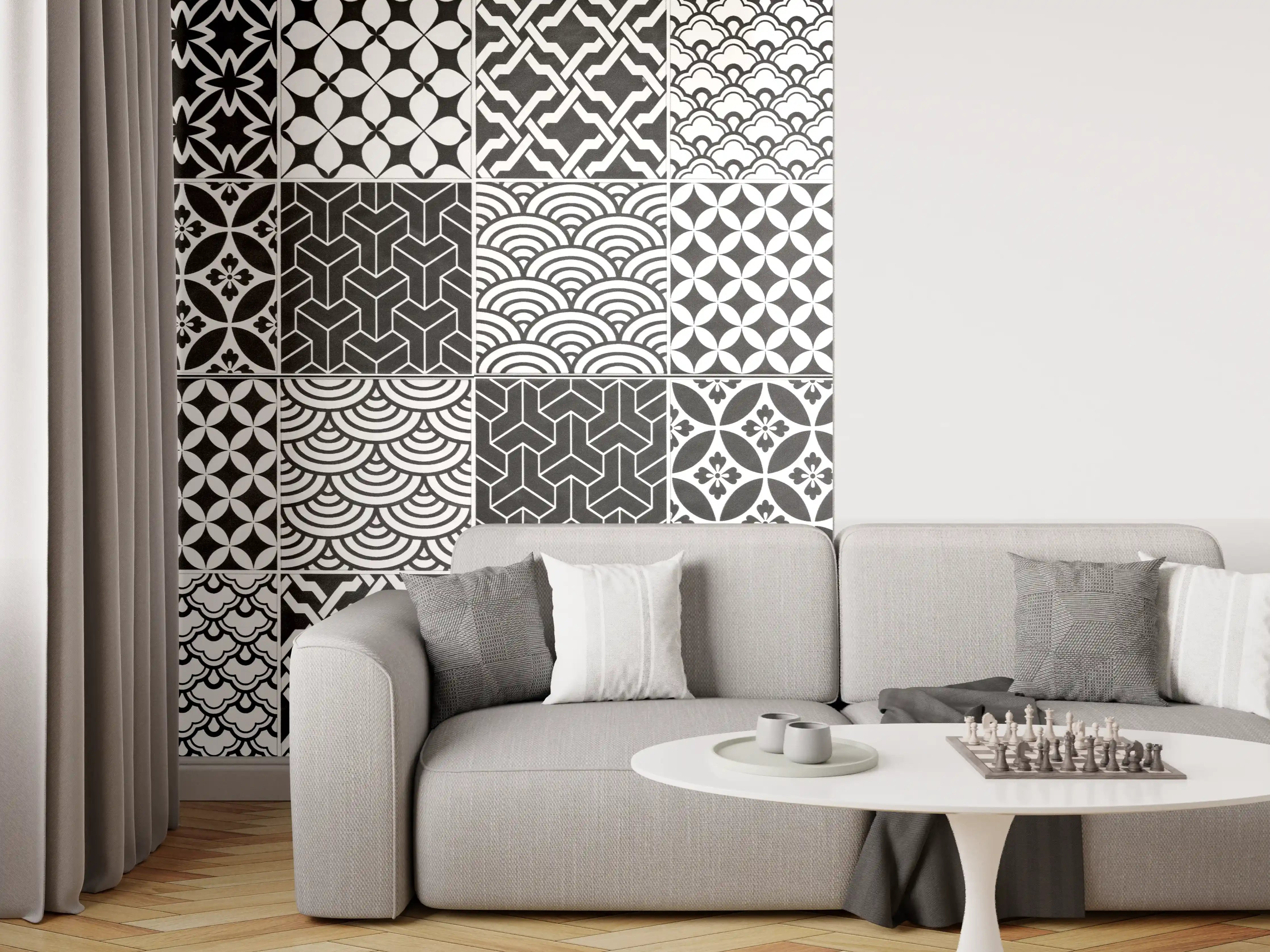 Wandverkleidung Wohnzimmer - Grau-Weiß geometrisch Mosaik