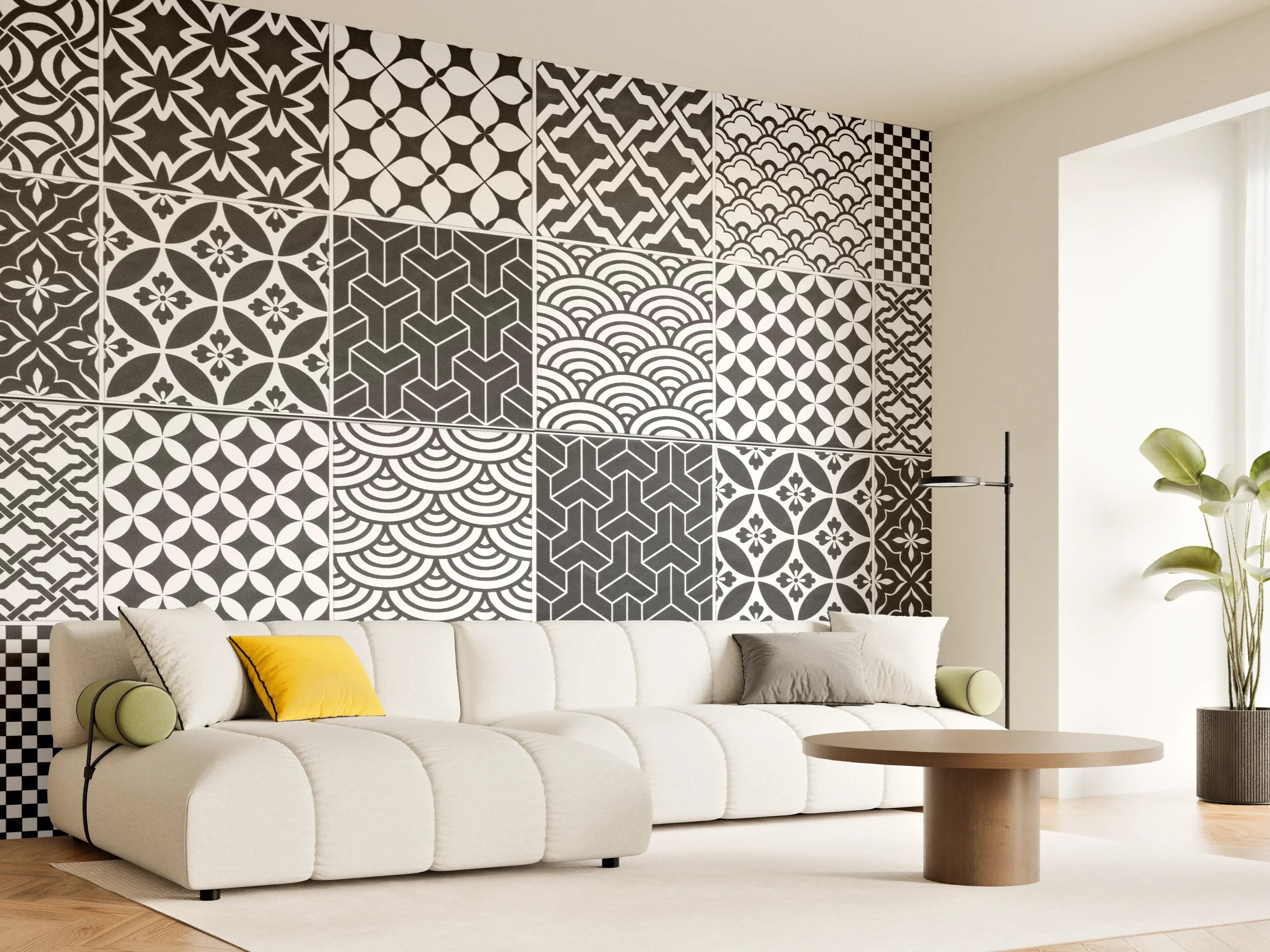 Wandverkleidung Wohnzimmer - Grau-Weiß geometrisch Mosaik