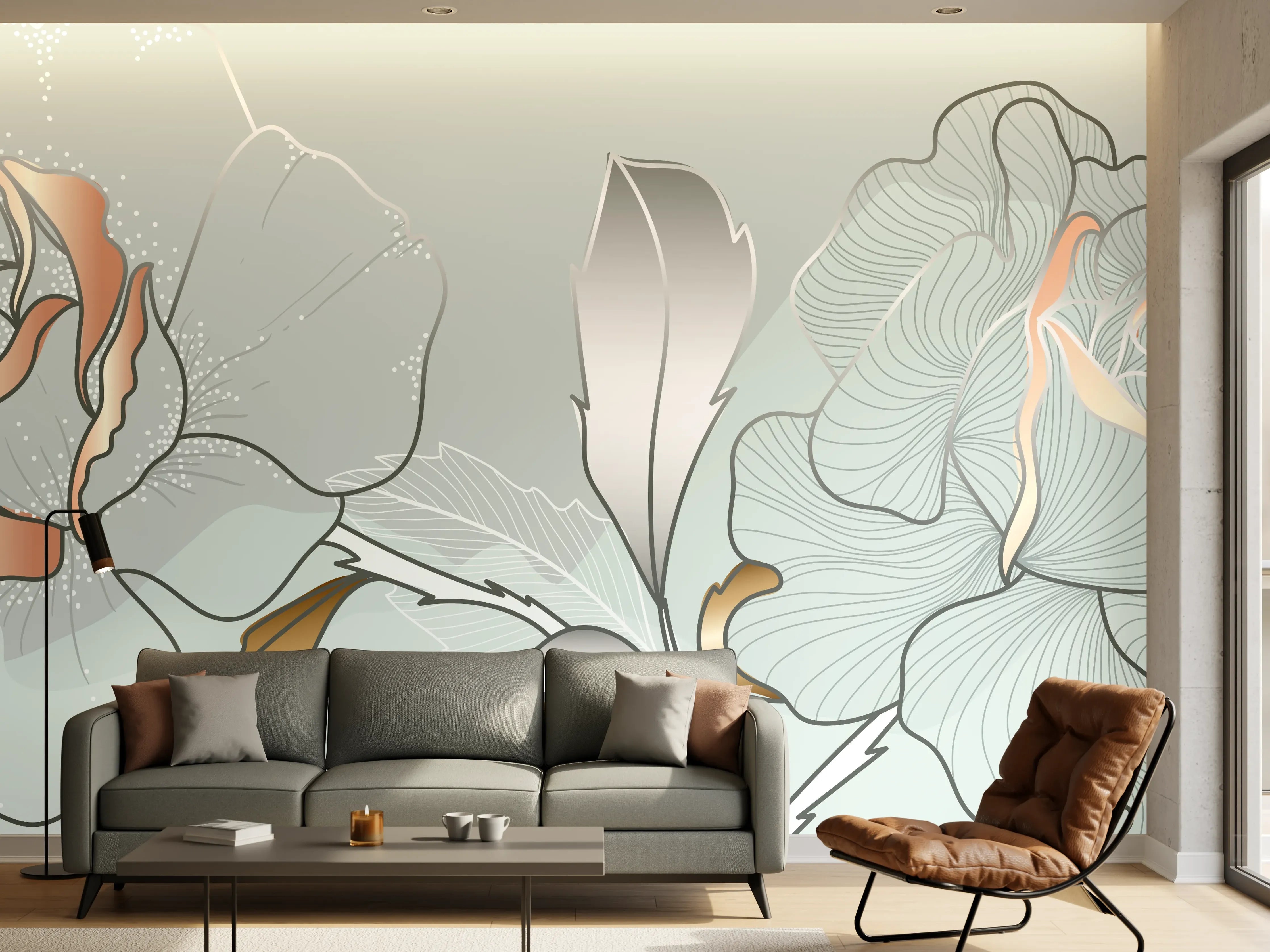 Wandverkleidung Wohnzimmer - Grau-Weiße Blumenillustration