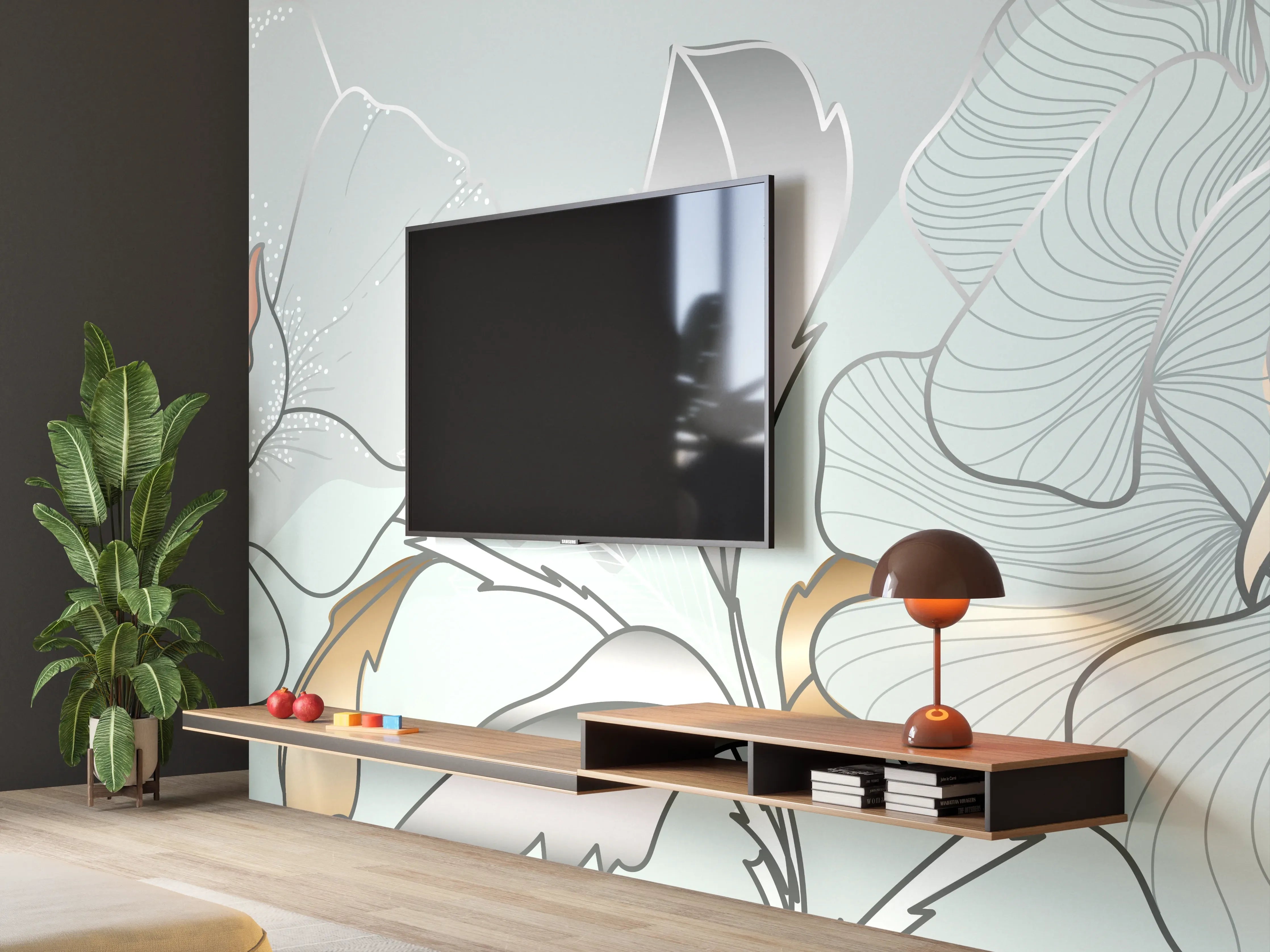 Wandverkleidung Wohnzimmer - Grau-Weiße Blumenillustration