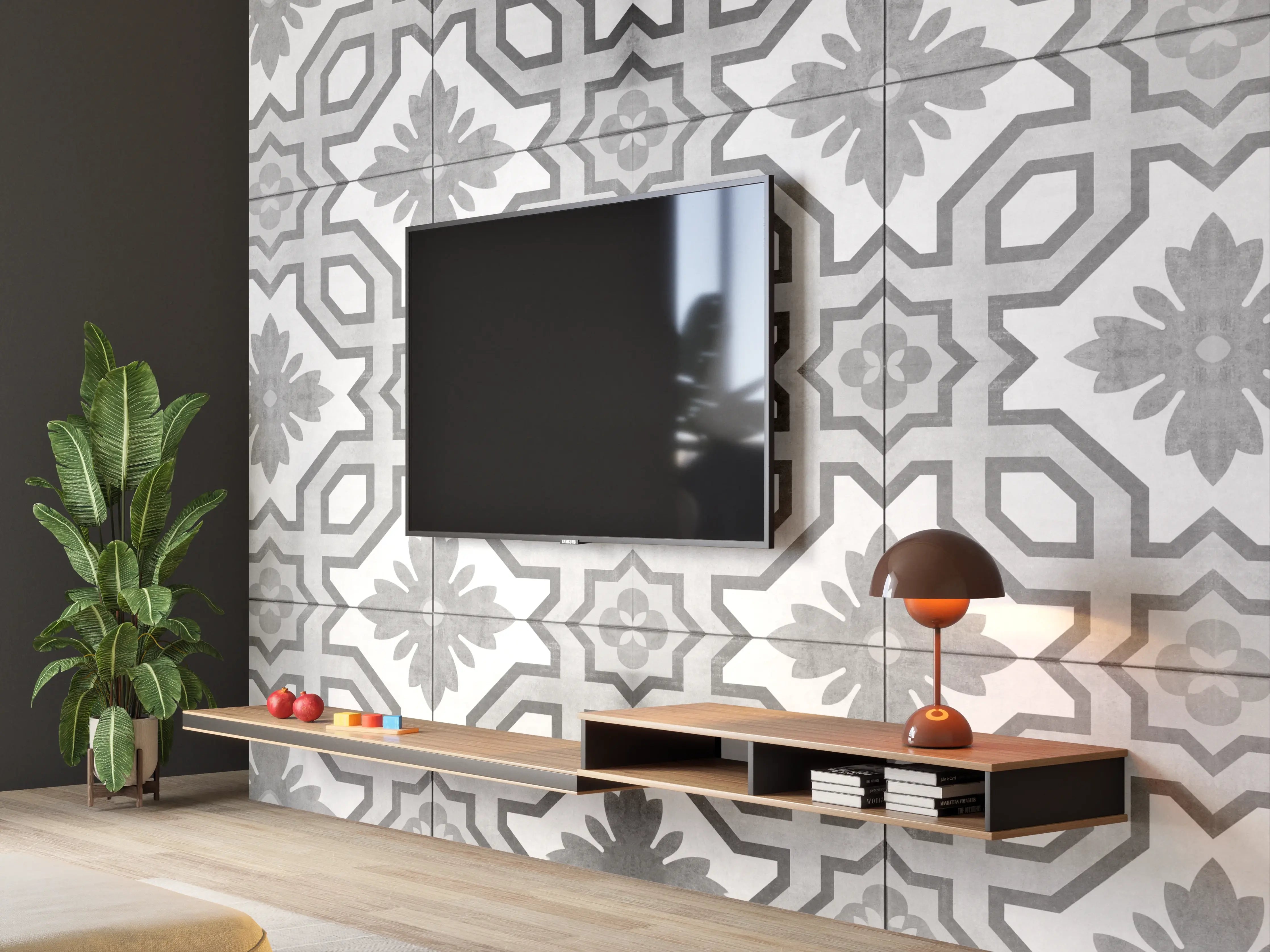 Wandverkleidung Wohnzimmer - Grau-Weiße Vintage Retro Fliesen