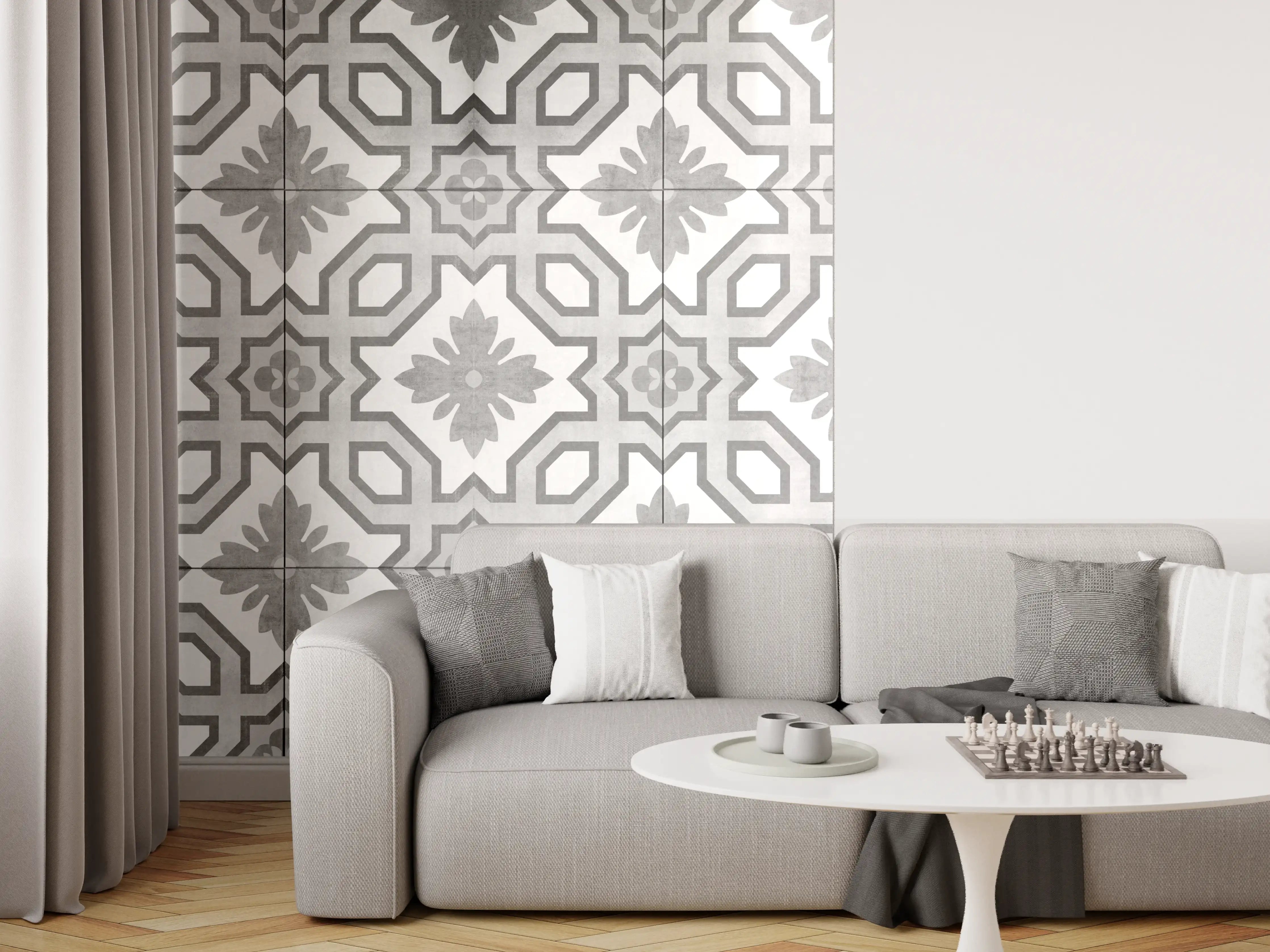 Wandverkleidung Wohnzimmer - Grau-Weiße Vintage Retro Fliesen