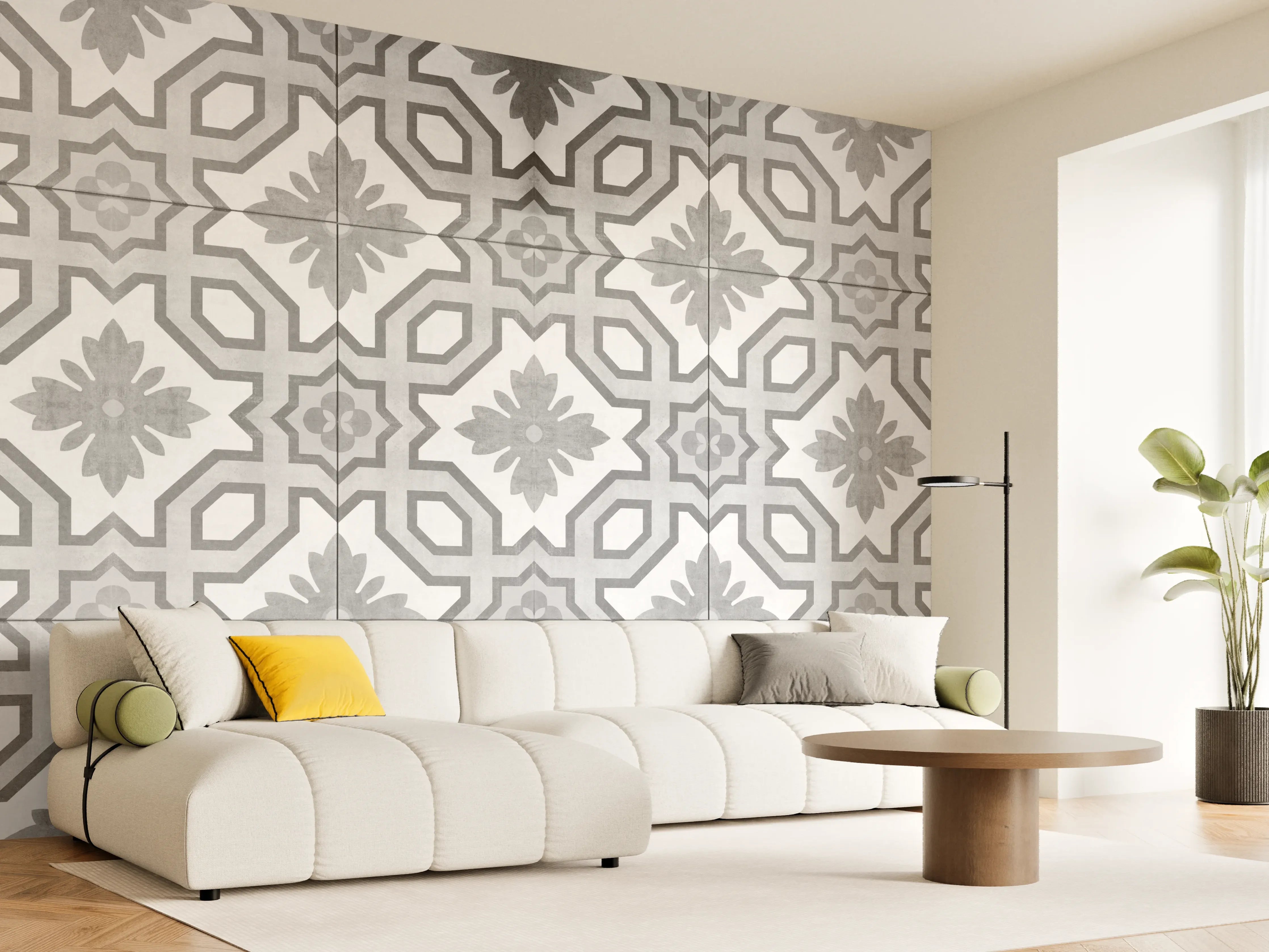 Wandverkleidung Wohnzimmer - Grau-Weiße Vintage Retro Fliesen