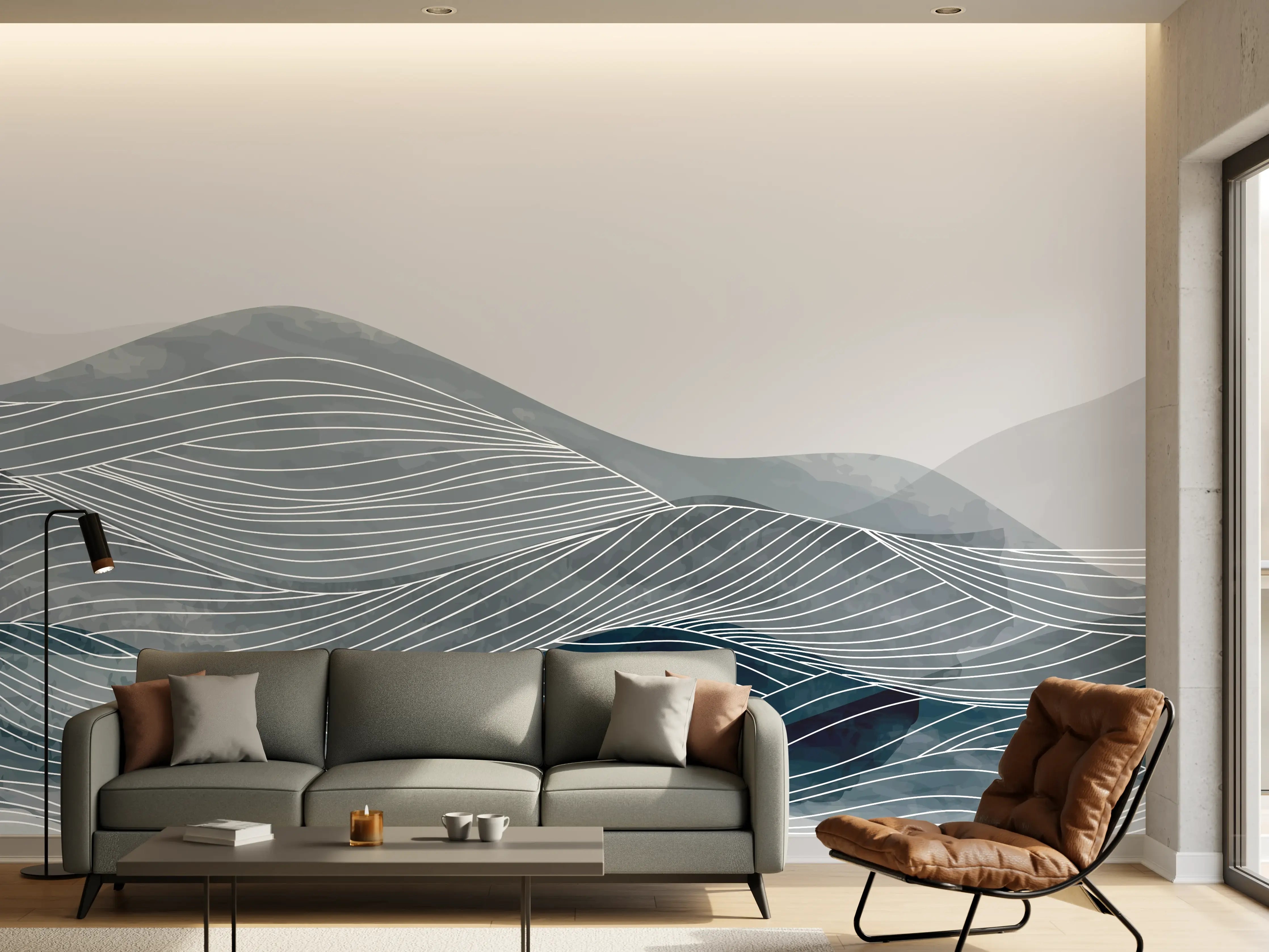 Wandverkleidung Wohnzimmer - Grau-Weiße Wellenlinien Kunst