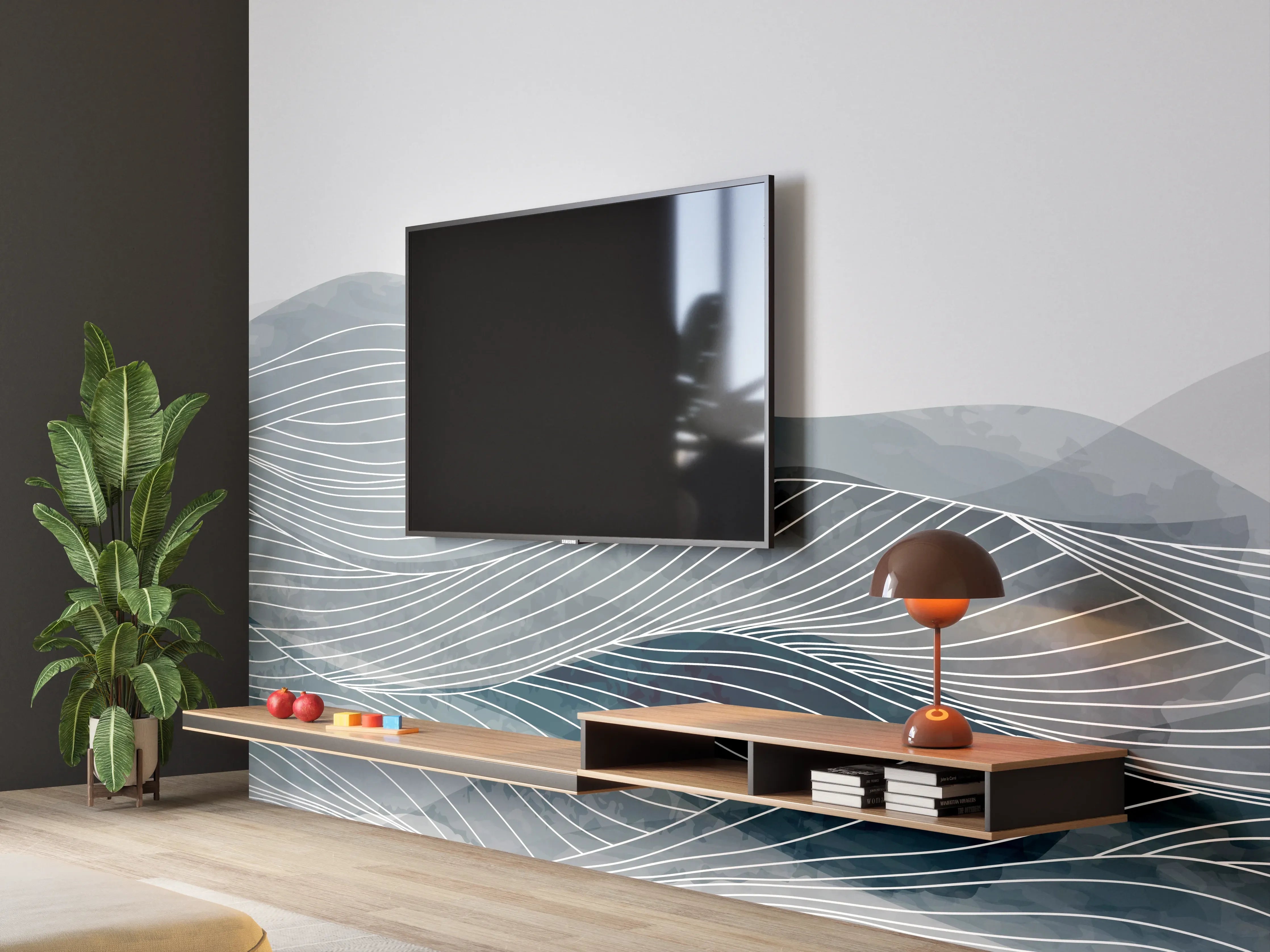 Wandverkleidung Wohnzimmer - Grau-Weiße Wellenlinien Kunst