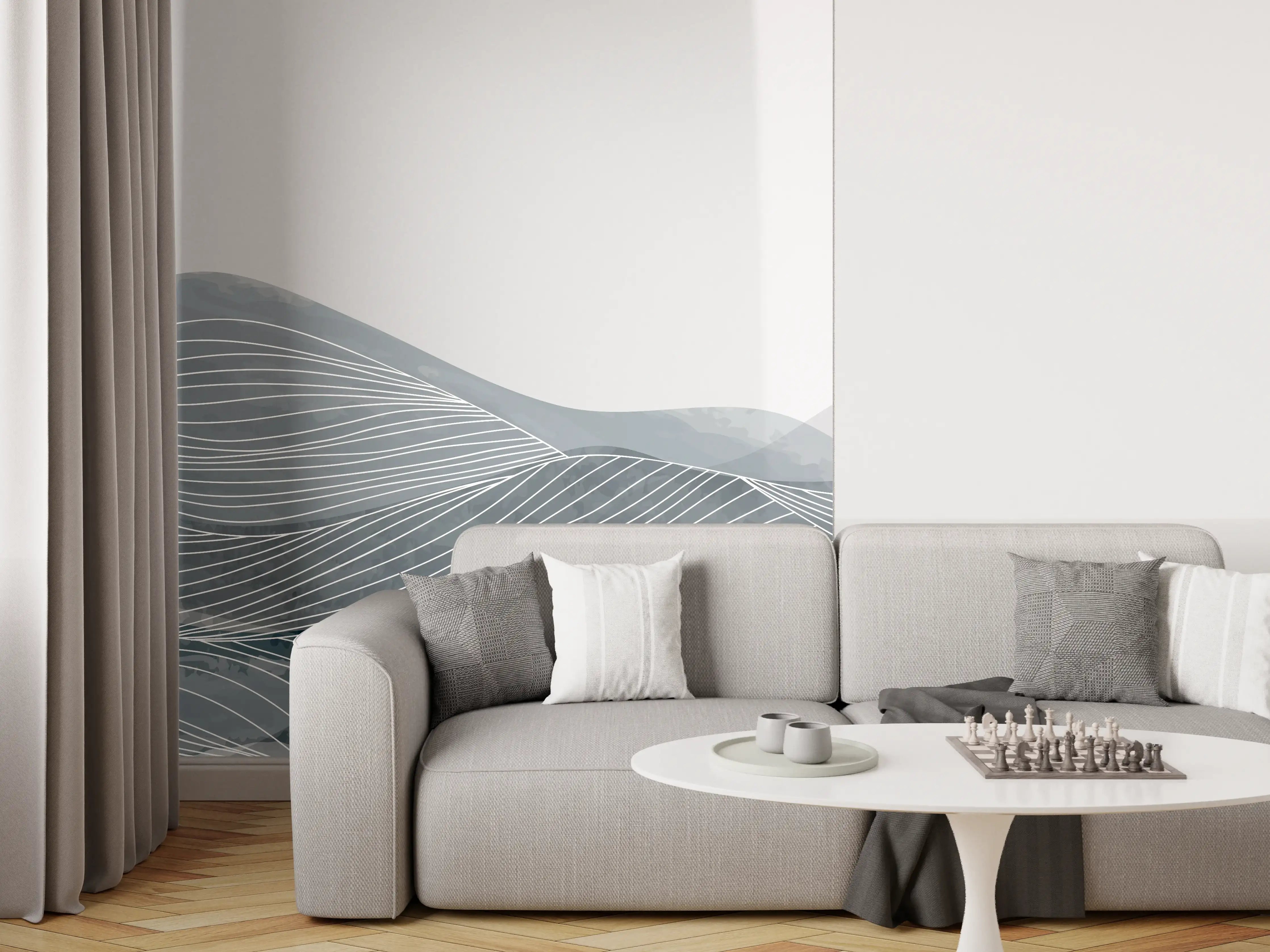 Wandverkleidung Wohnzimmer - Grau-Weiße Wellenlinien Kunst
