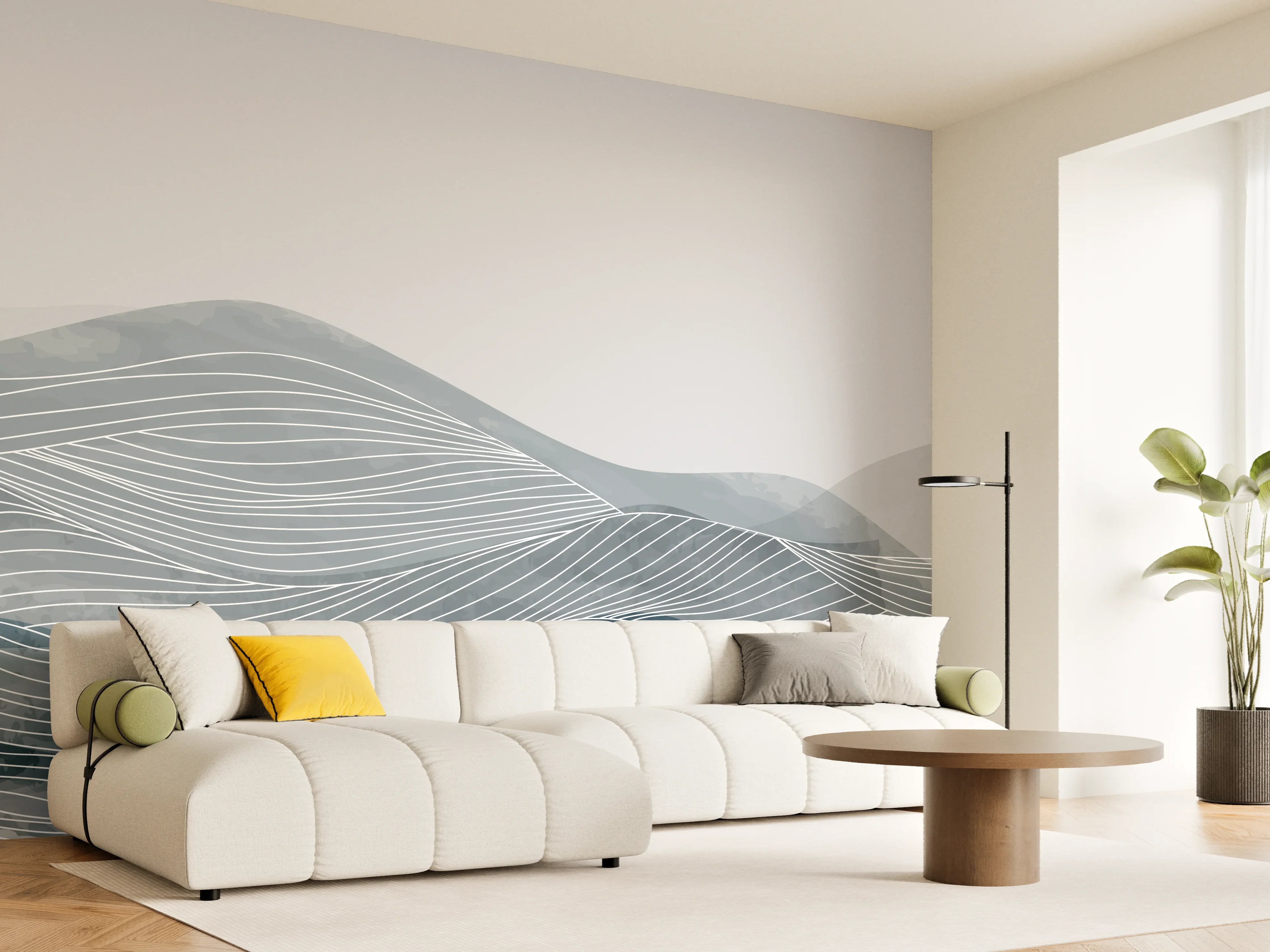 Wandverkleidung Wohnzimmer - Grau-Weiße Wellenlinien Kunst