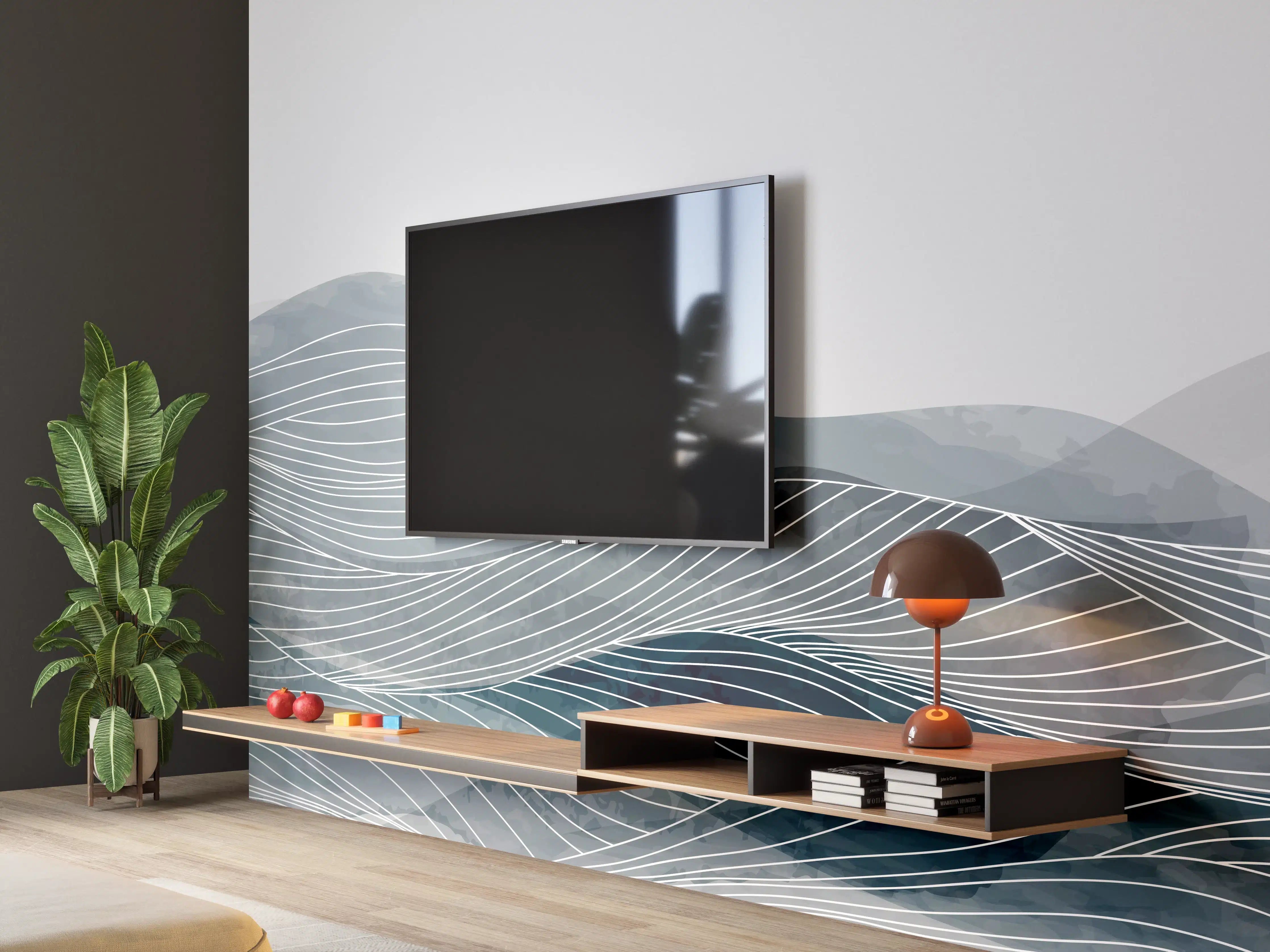 Wandverkleidung Wohnzimmer - Grau-Weiße Wellenstruktur