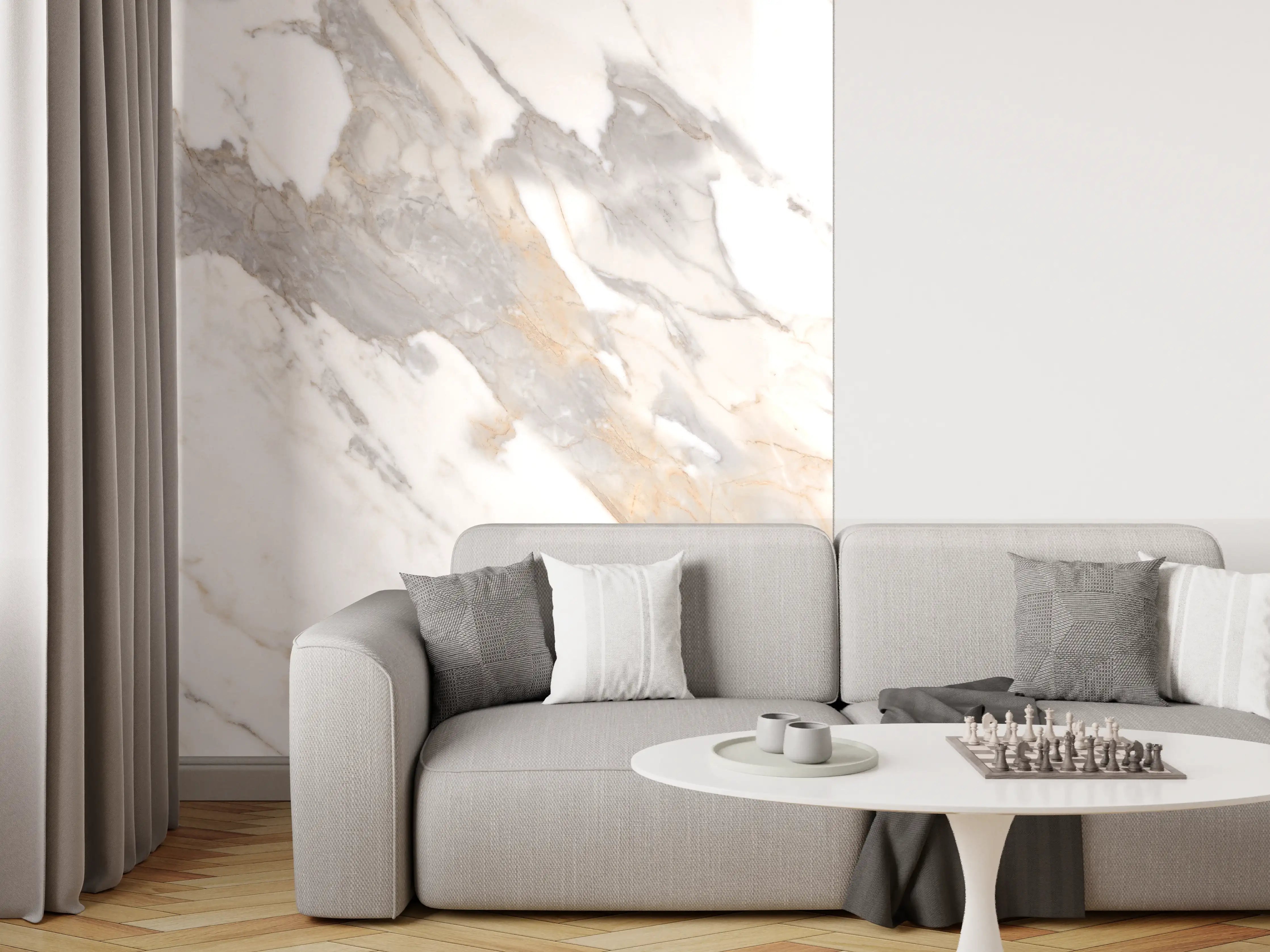 Wandverkleidung Wohnzimmer - Grau-beiger abstrakter Marmor