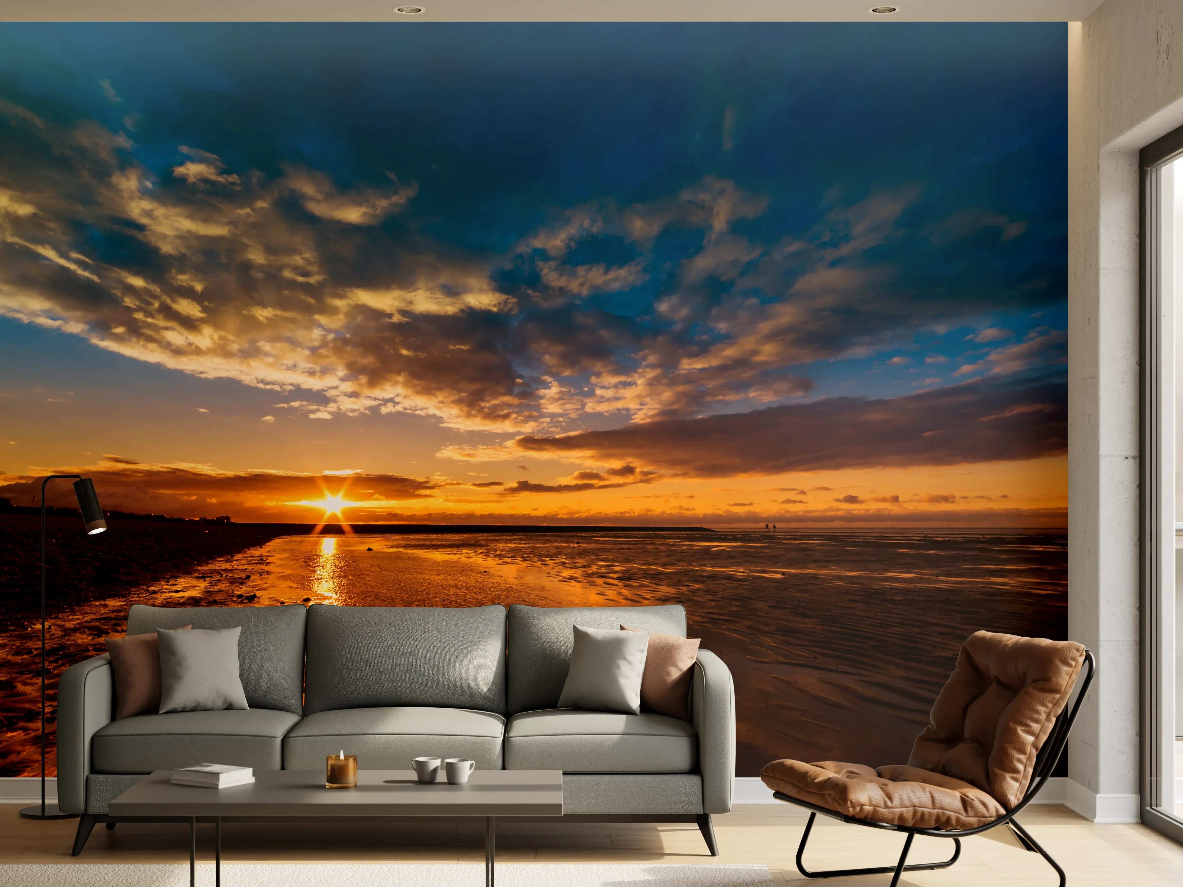 Wandverkleidung Wohnzimmer - Grau getönter Sonnenuntergang am Meer