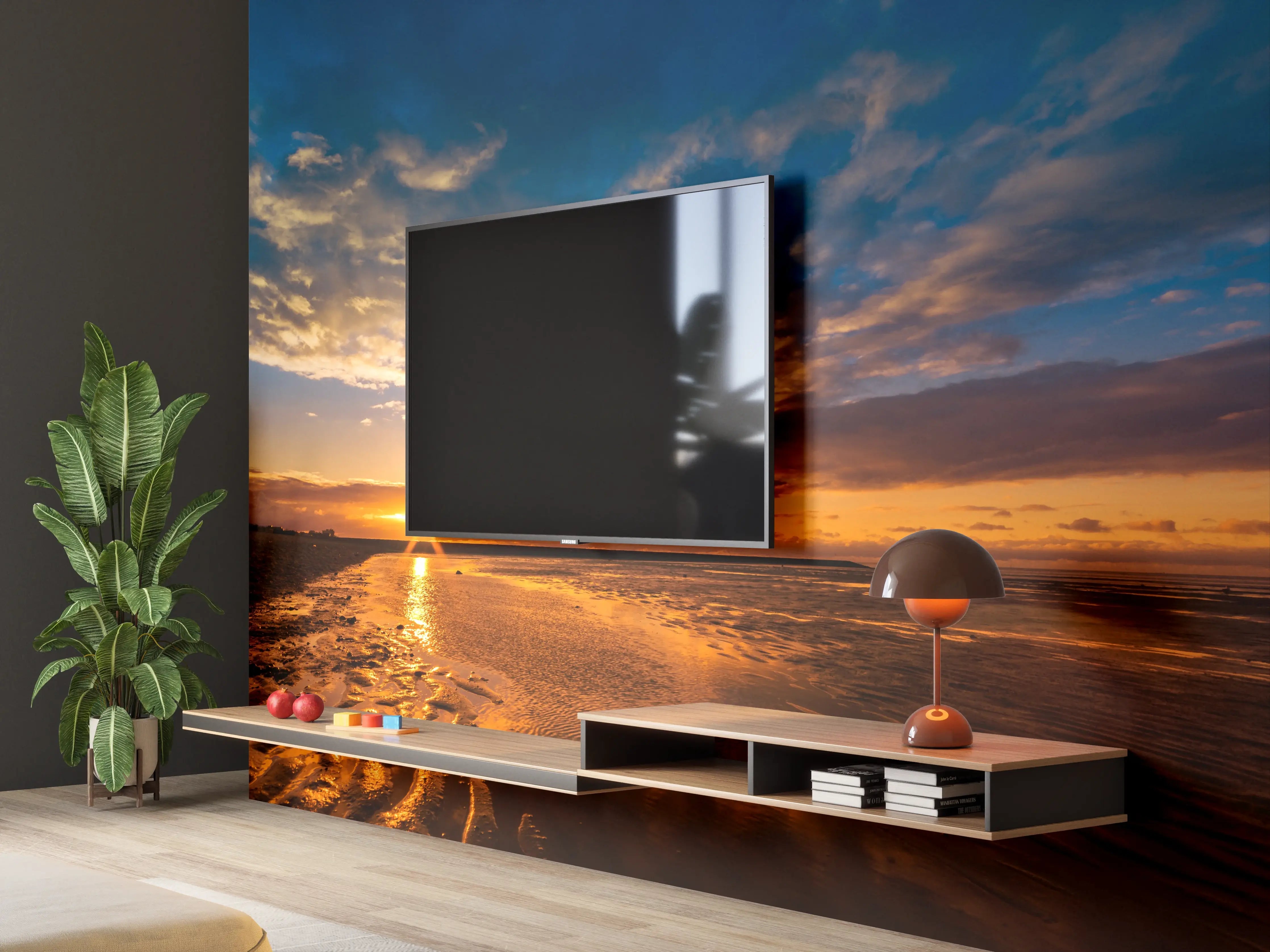 Wandverkleidung Wohnzimmer - Grau getönter Sonnenuntergang am Meer