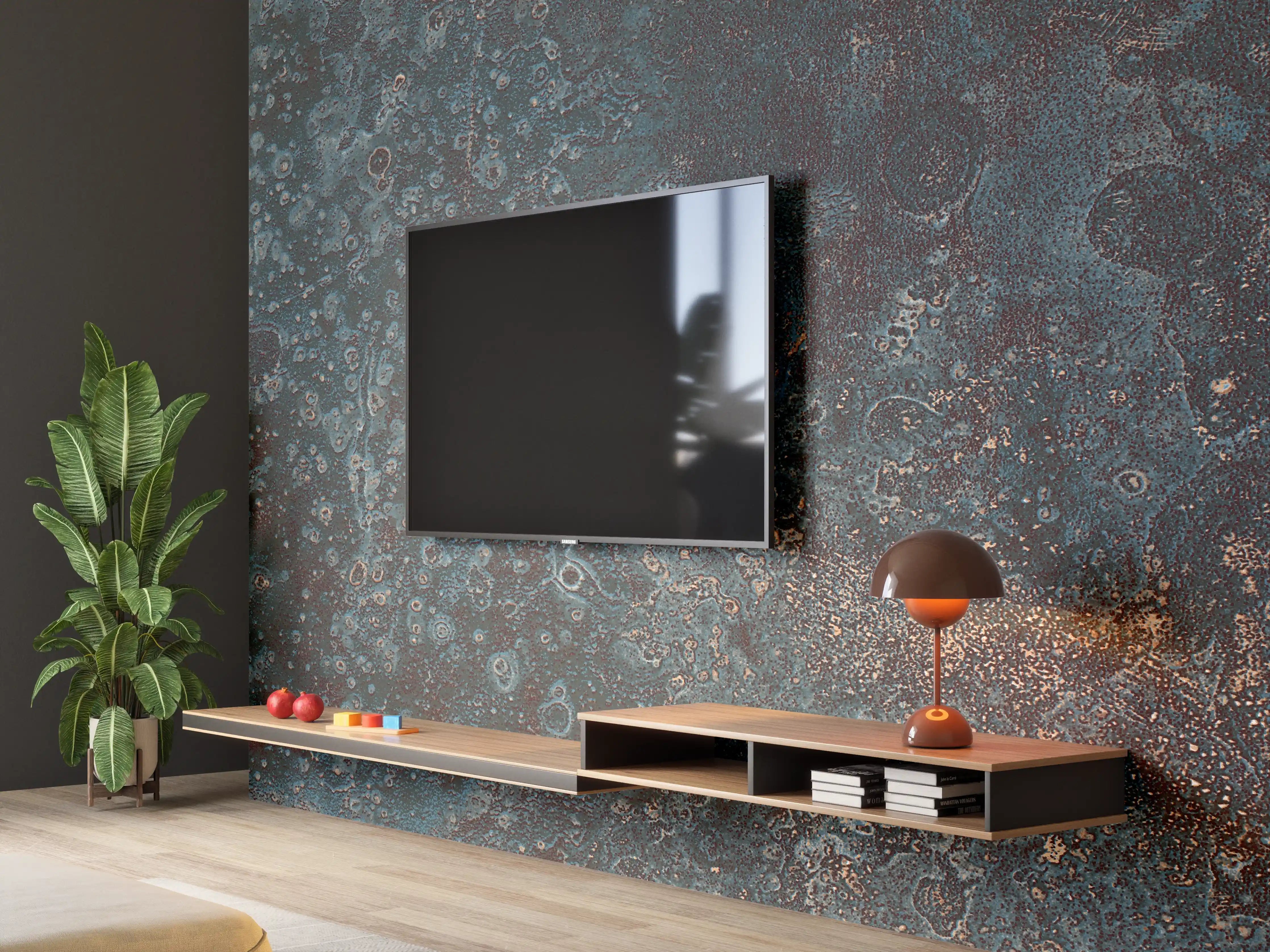 Wandverkleidung Wohnzimmer - Grau mattierte Metalltextur mit weißen Akzenten