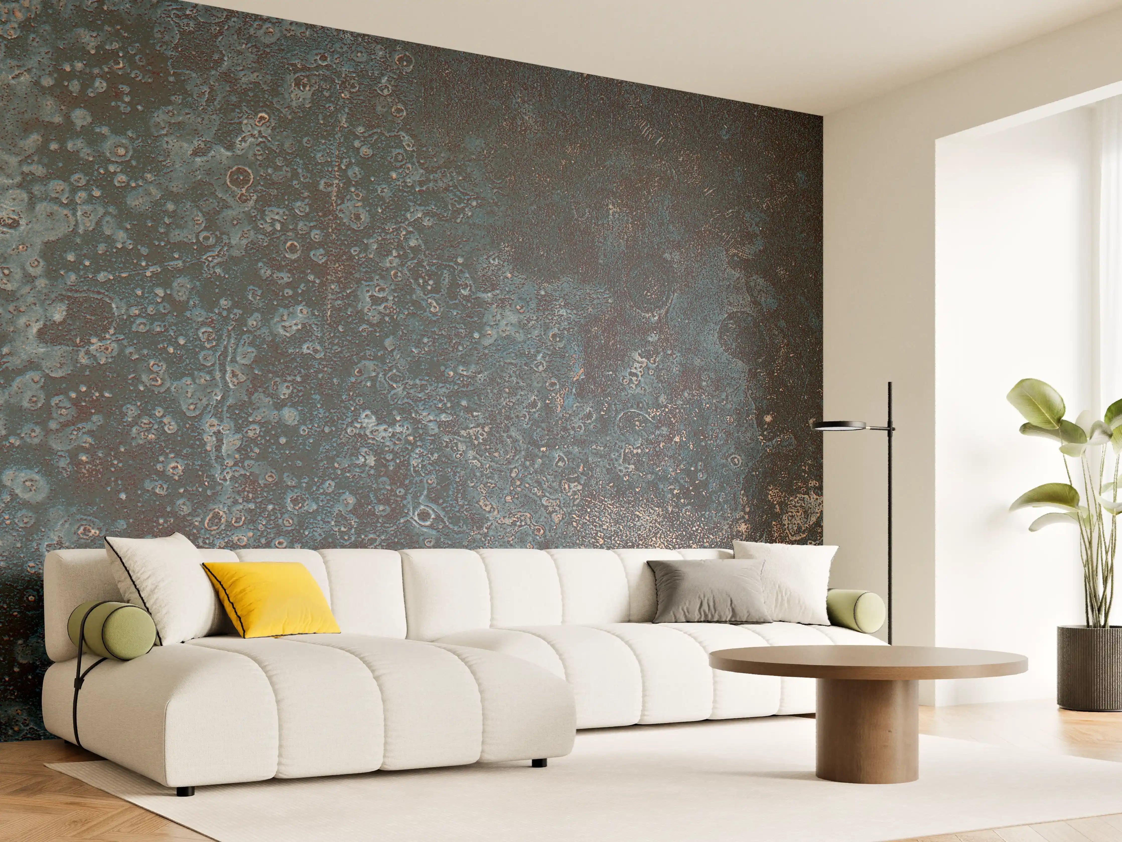 Wandverkleidung Wohnzimmer - Grau mattierte Metalltextur mit weißen Akzenten