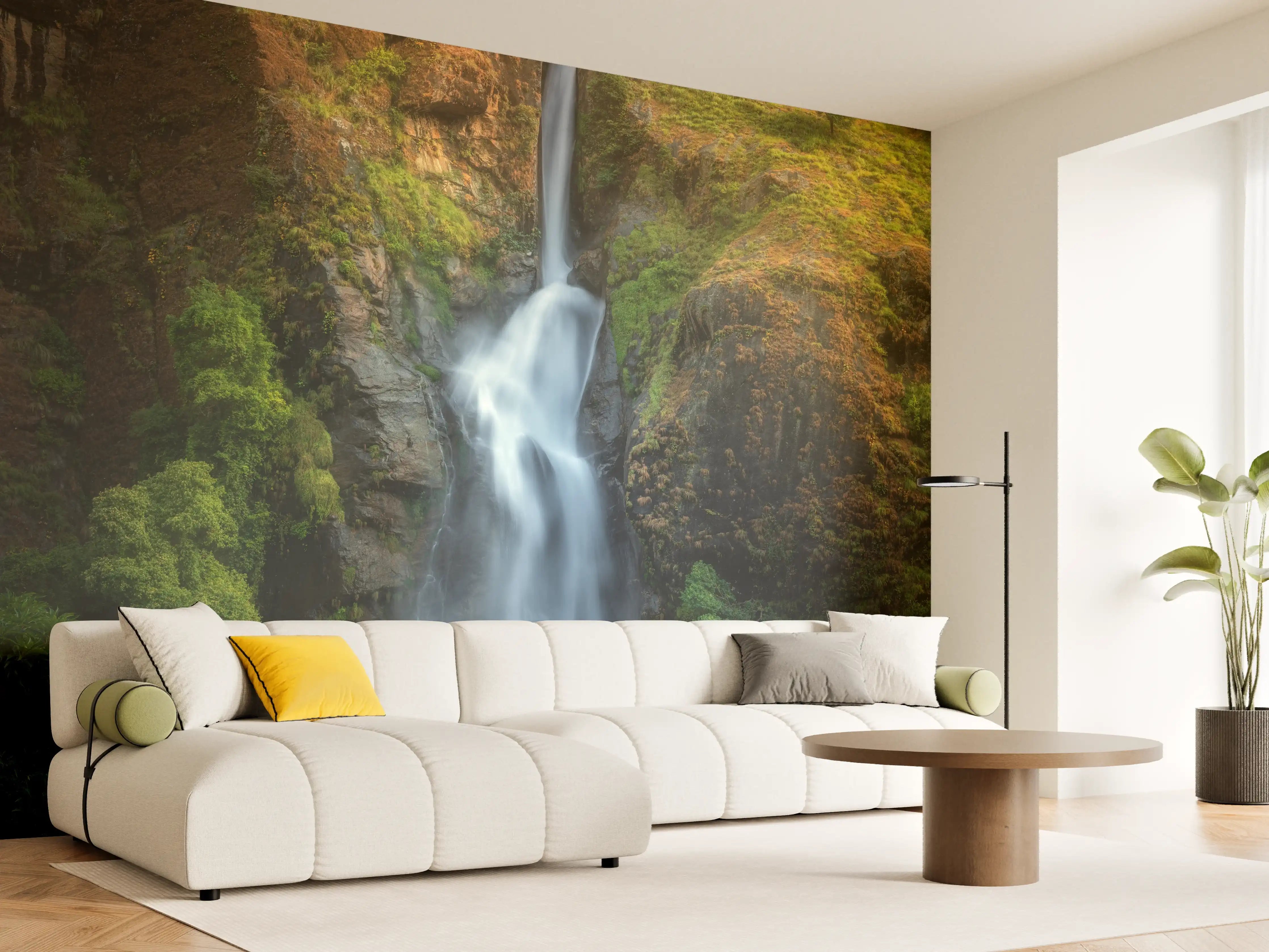 Wandverkleidung Wohnzimmer - Grau schimmernder Wasserfall in der Natur