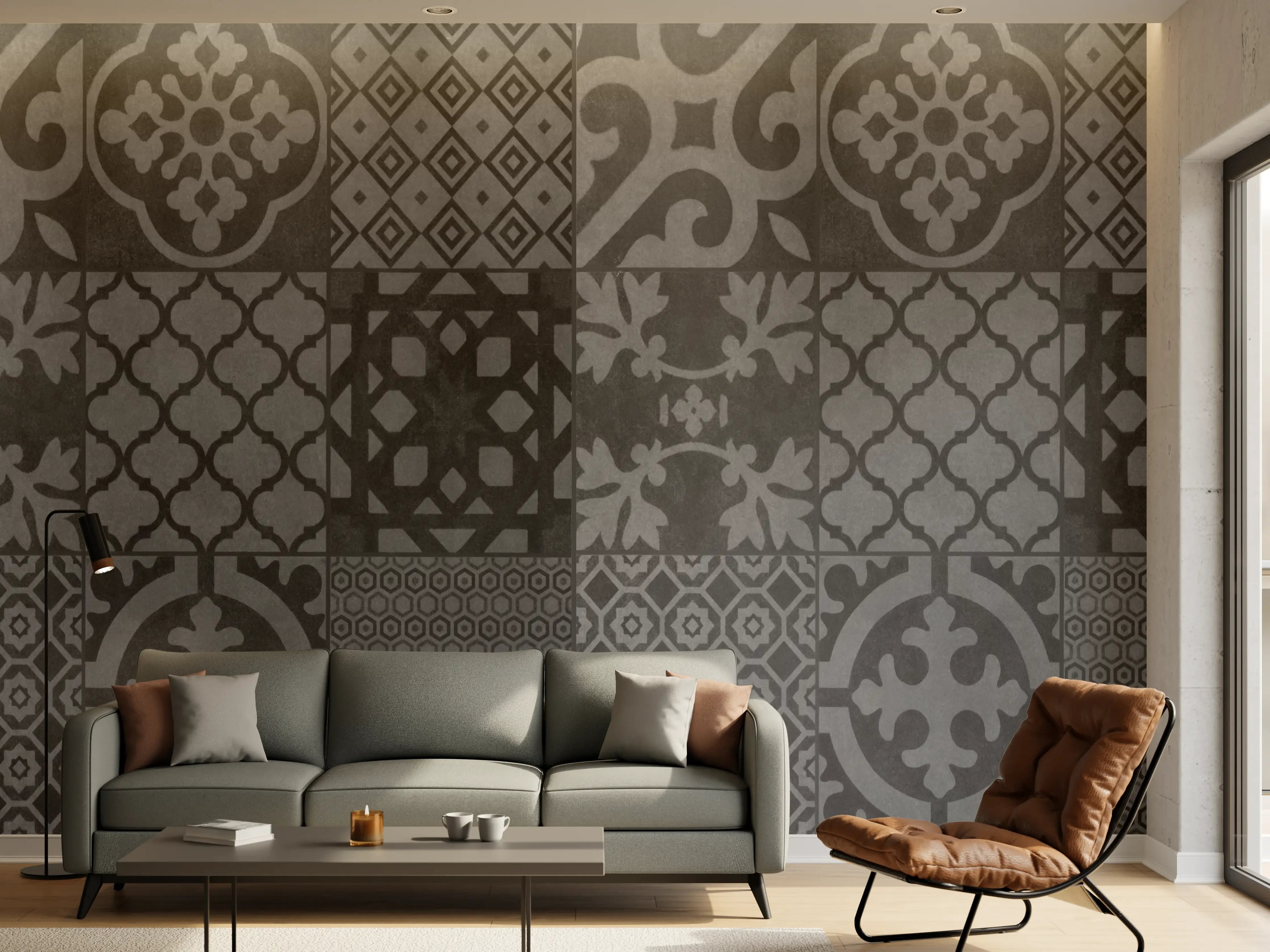 Wandverkleidung Wohnzimmer - Grau vintage Fliesen