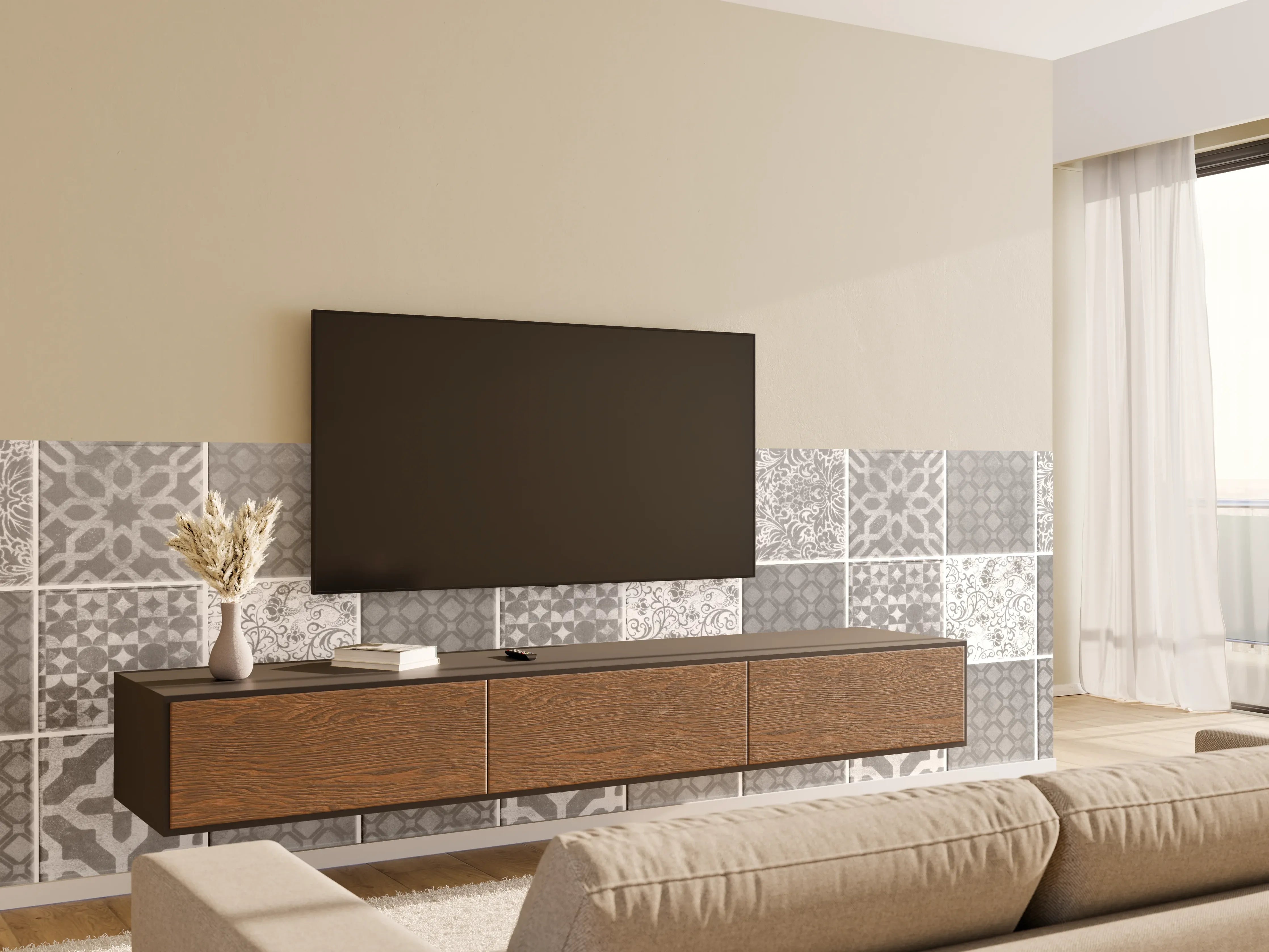 Wandverkleidung Wohnzimmer - Grau weiße Vintage Mosaik Textur