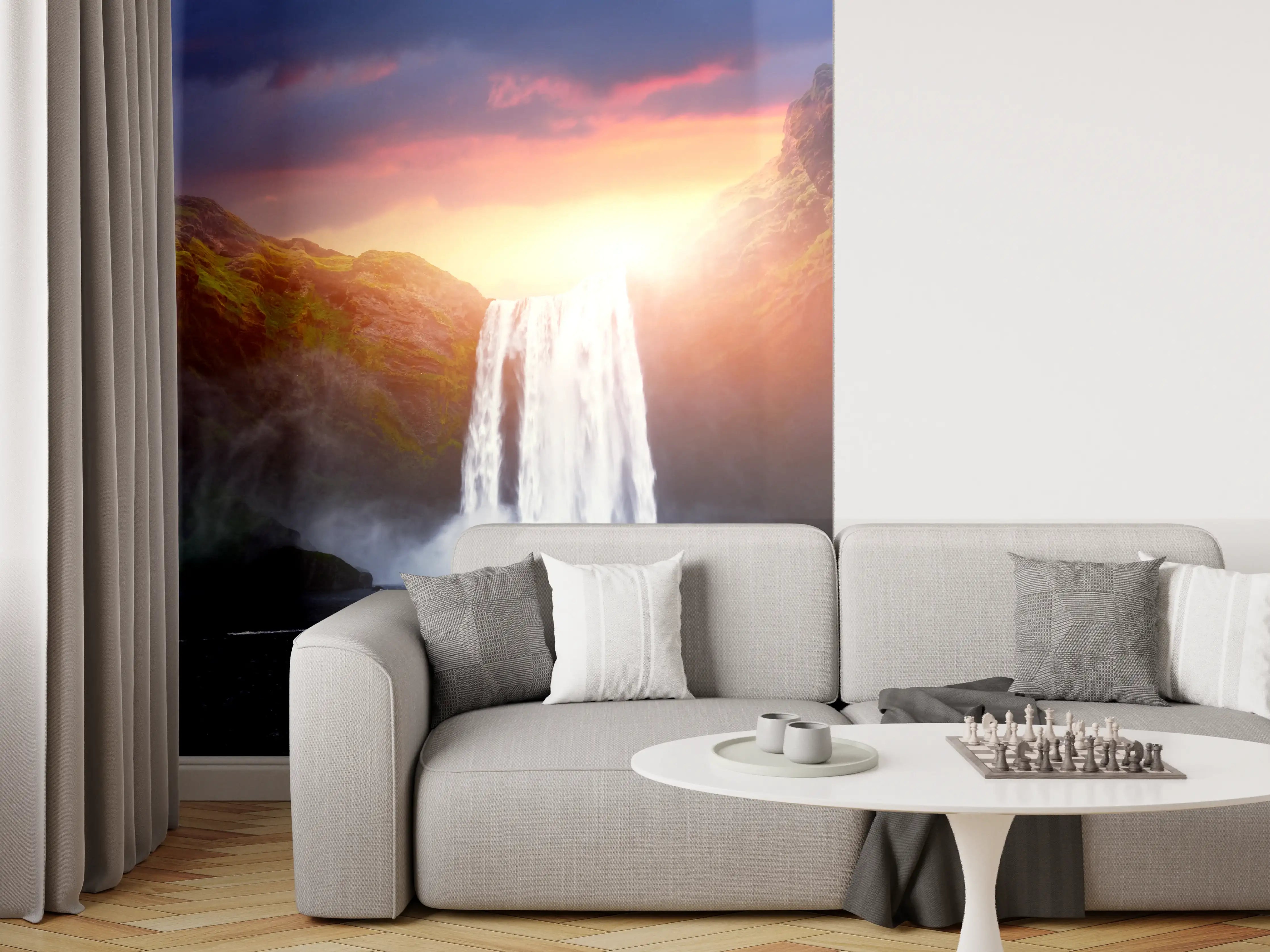 Wandverkleidung Wohnzimmer - Grau-weißer Wasserfall im Abendlicht