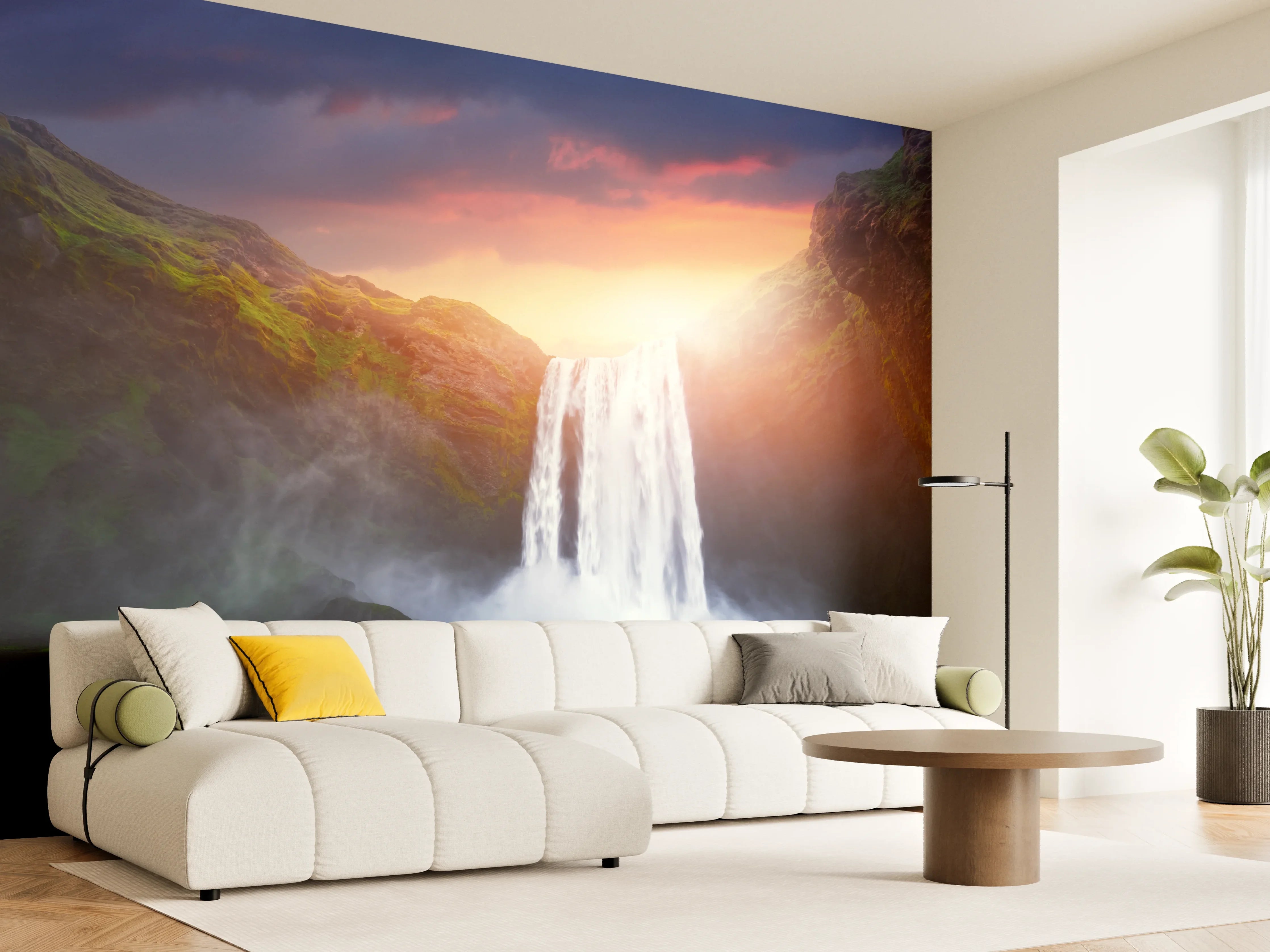 Wandverkleidung Wohnzimmer - Grau-weißer Wasserfall im Abendlicht