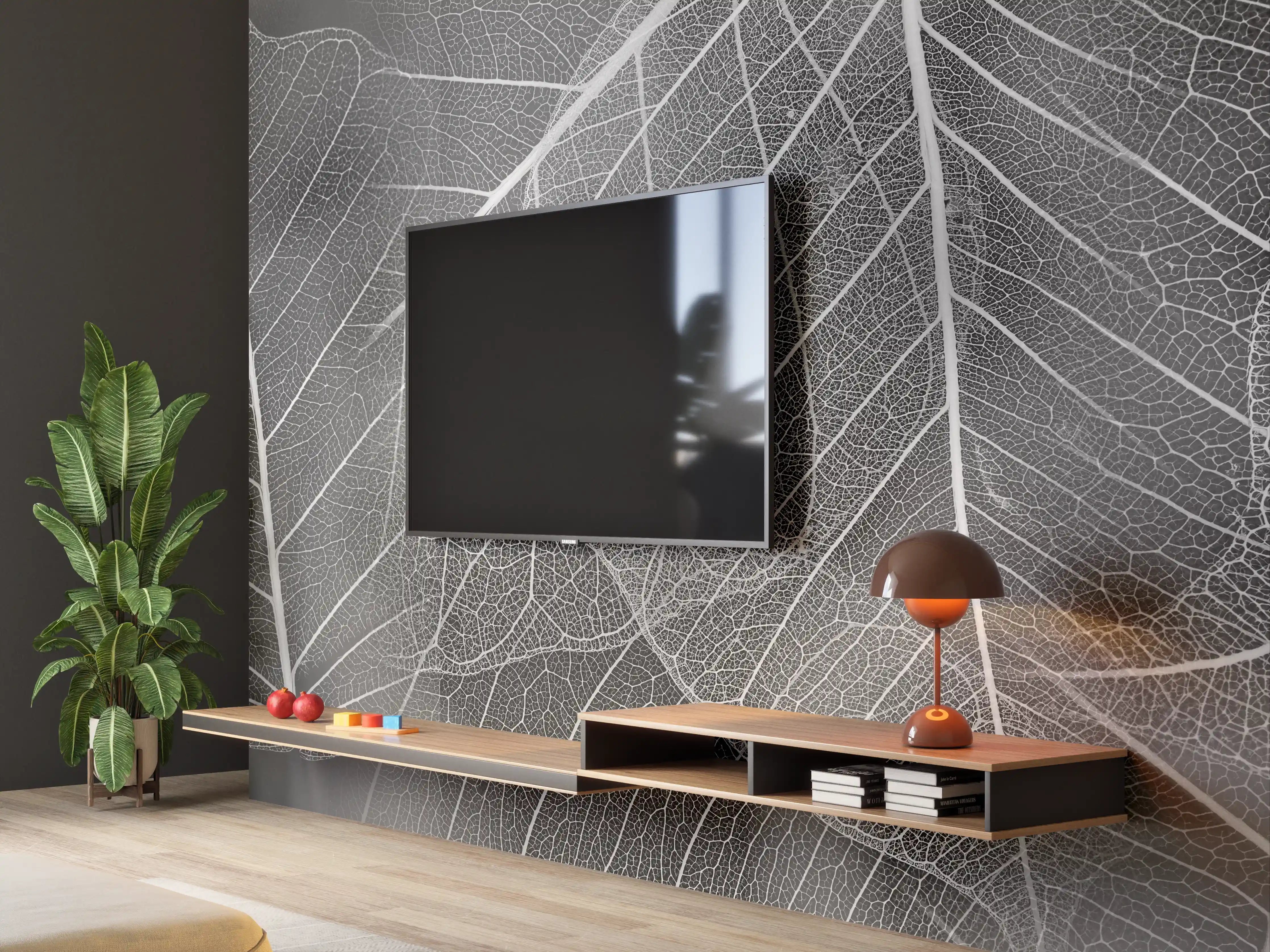 Wandverkleidung Wohnzimmer - Grau-weißes Blattmuster Close-up