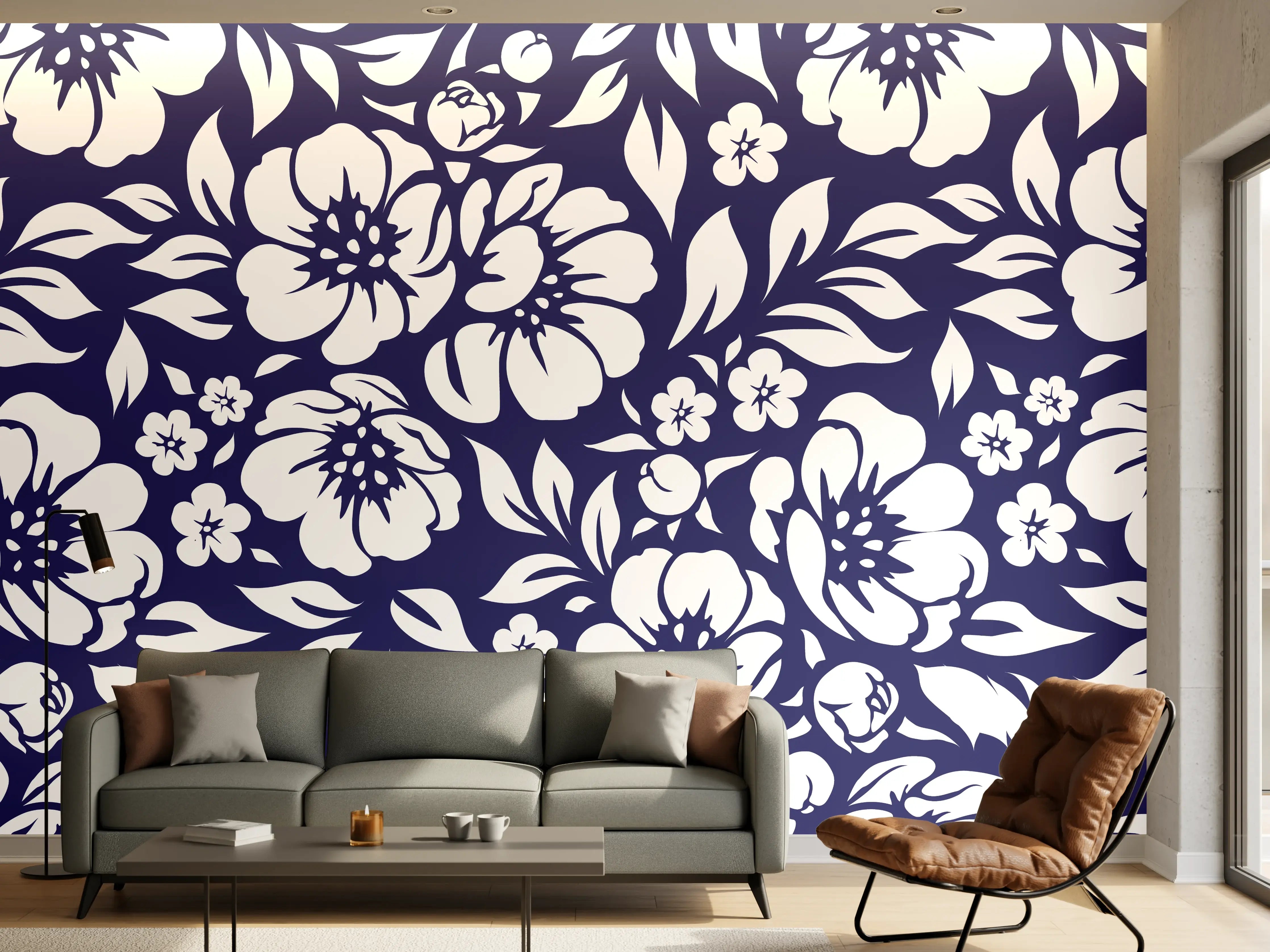 Wandverkleidung Wohnzimmer - Graublaues Blumendesign
