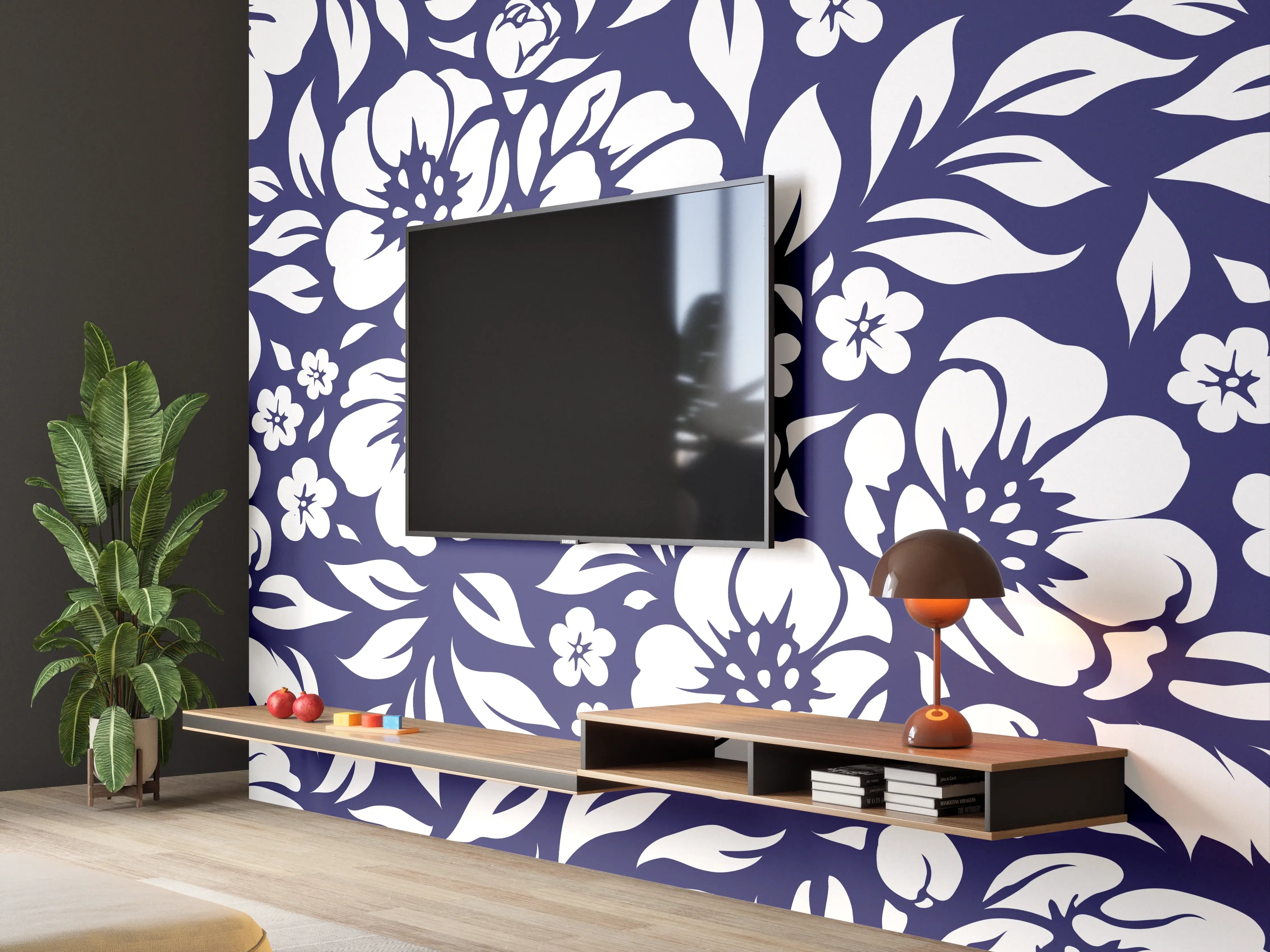 Wandverkleidung Wohnzimmer - Graublaues Blumendesign