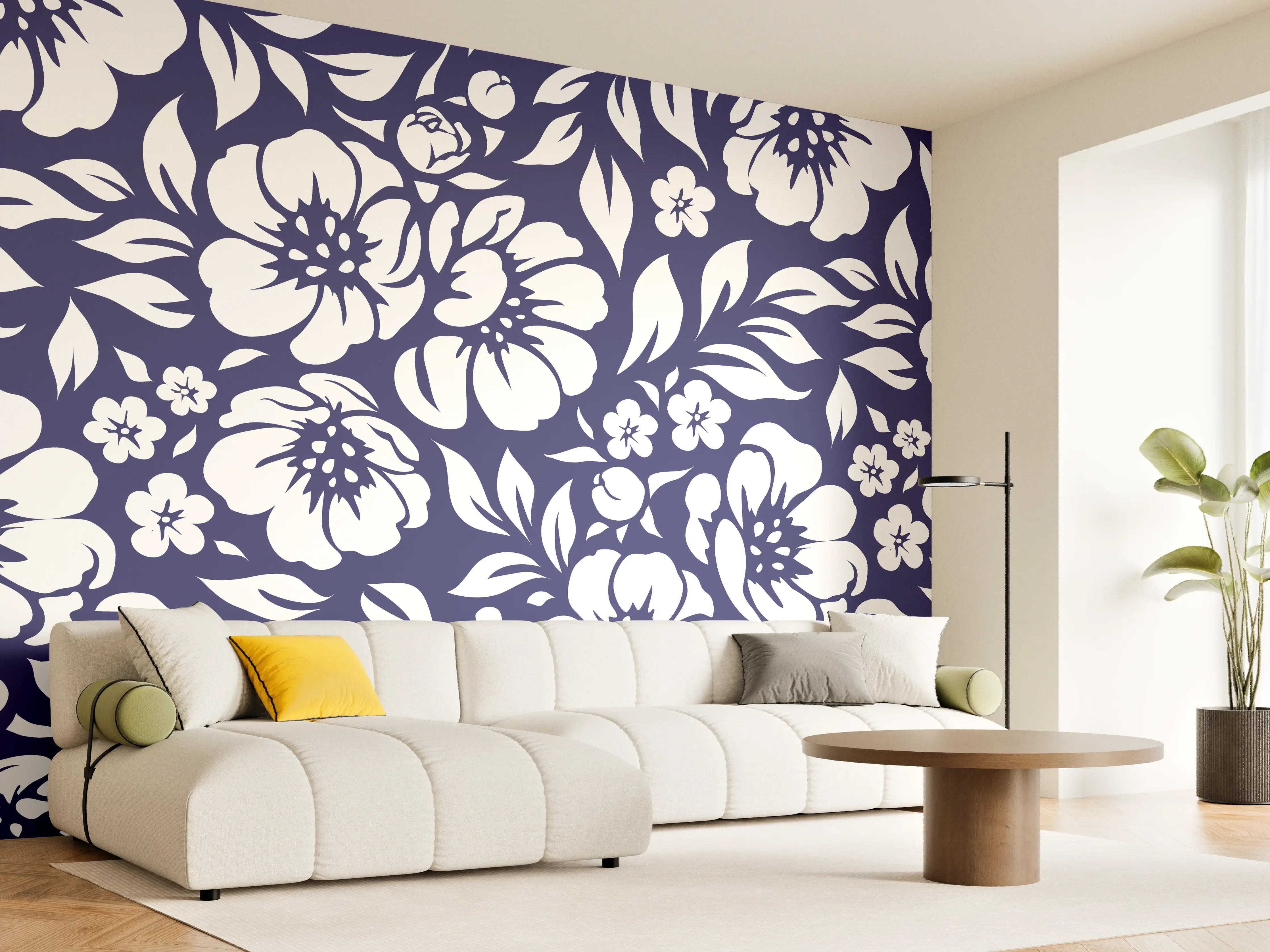 Wandverkleidung Wohnzimmer - Graublaues Blumendesign