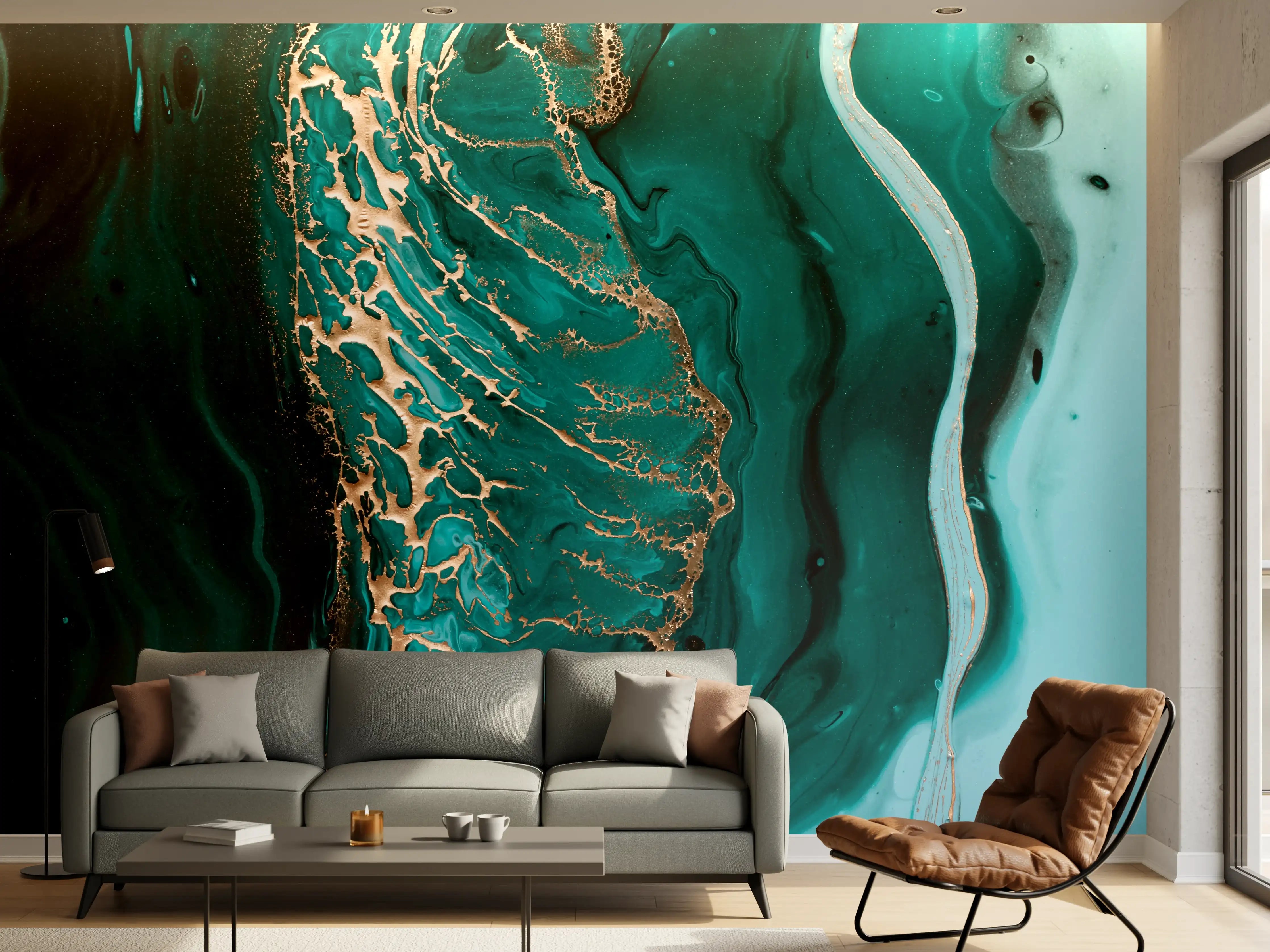 Wandverkleidung Wohnzimmer - Graue Akzente in Blau-Goldem Kunstwerk
