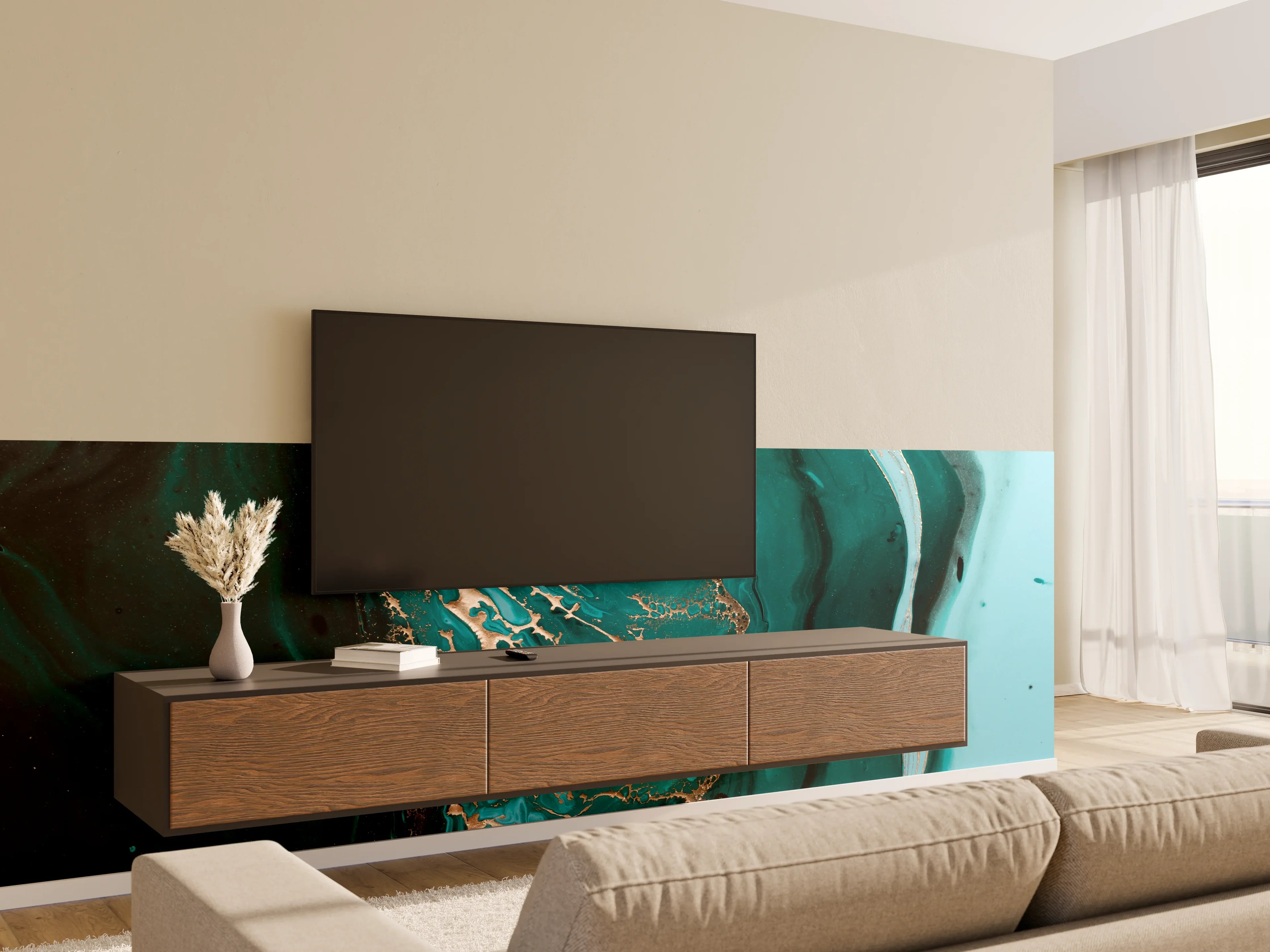 Wandverkleidung Wohnzimmer - Graue Akzente in Blau-Goldem Kunstwerk