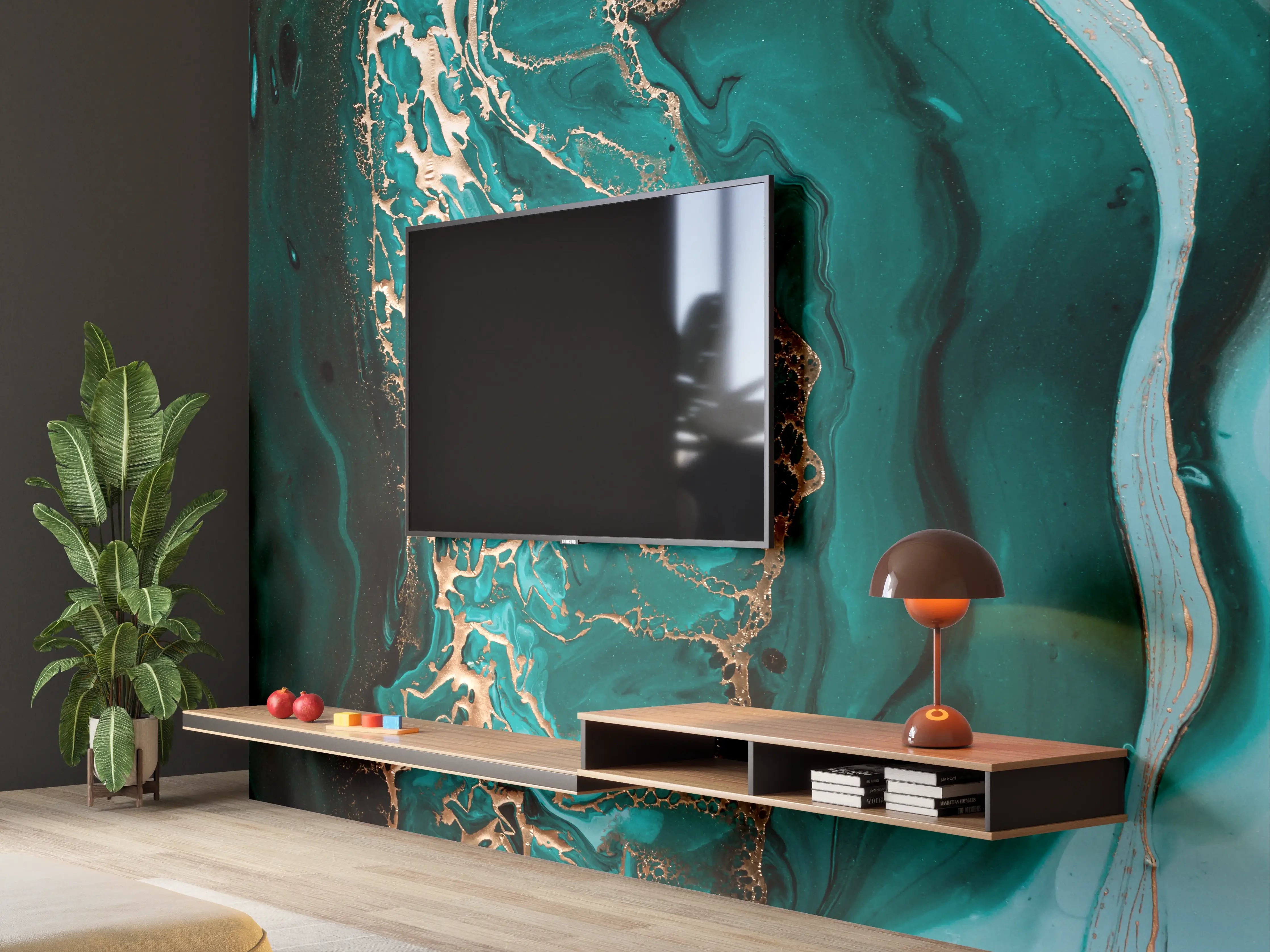 Wandverkleidung Wohnzimmer - Graue Akzente in Blau-Goldem Kunstwerk