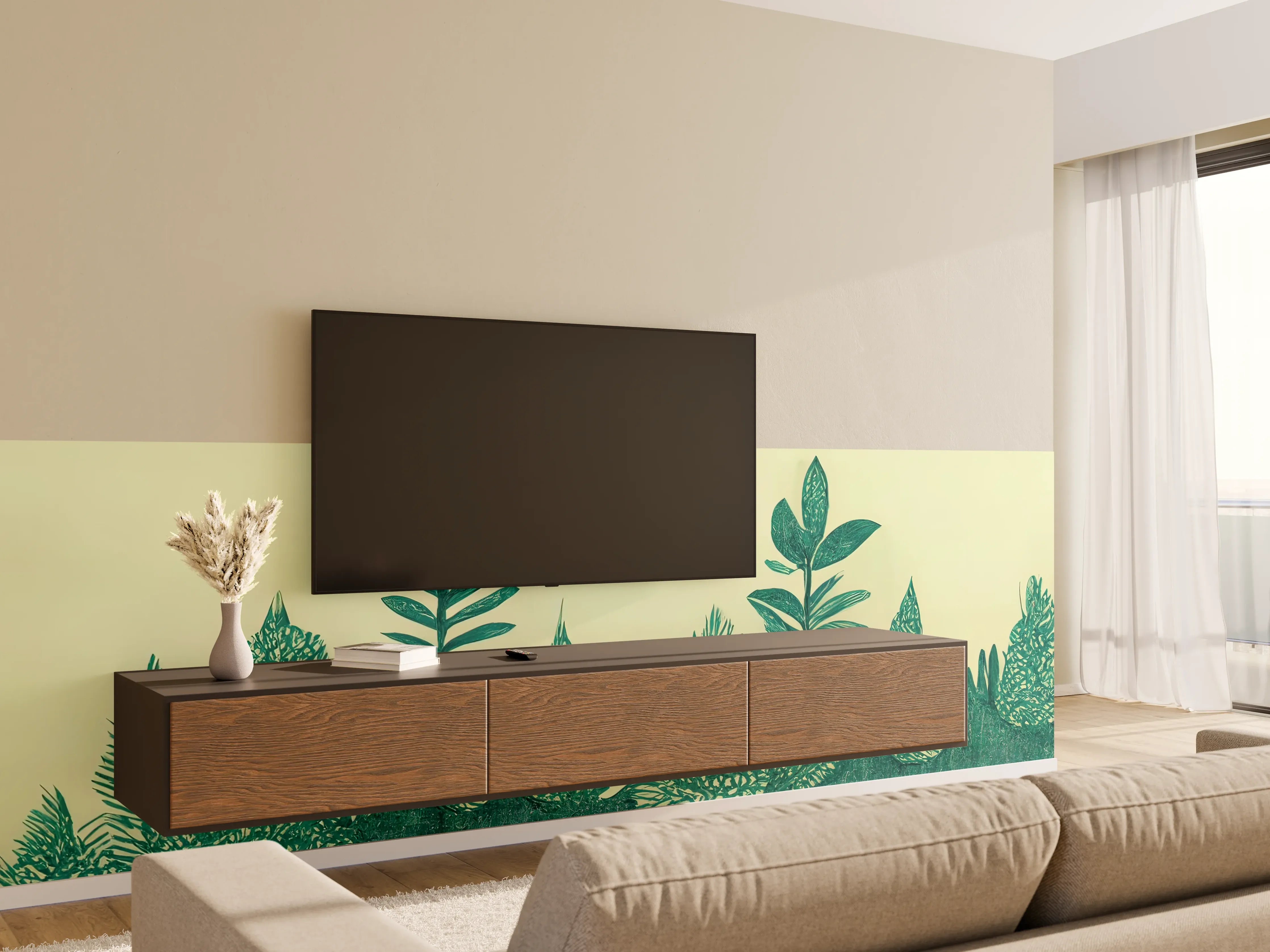 Wandverkleidung Wohnzimmer - Graue Akzente in grünen Pflanzen