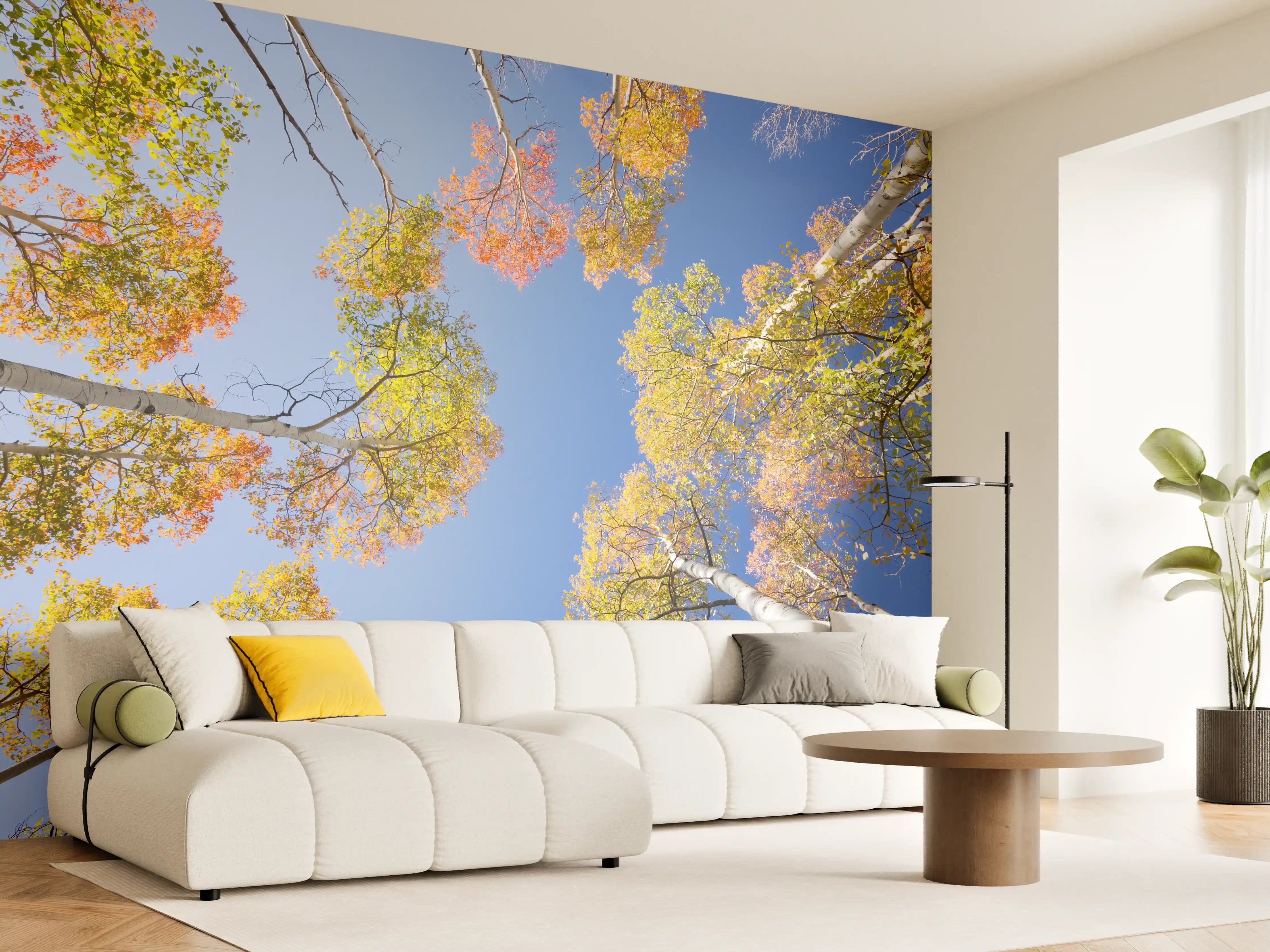 Wandverkleidung Wohnzimmer - Graue Baumkronen unter blassem Himmel
