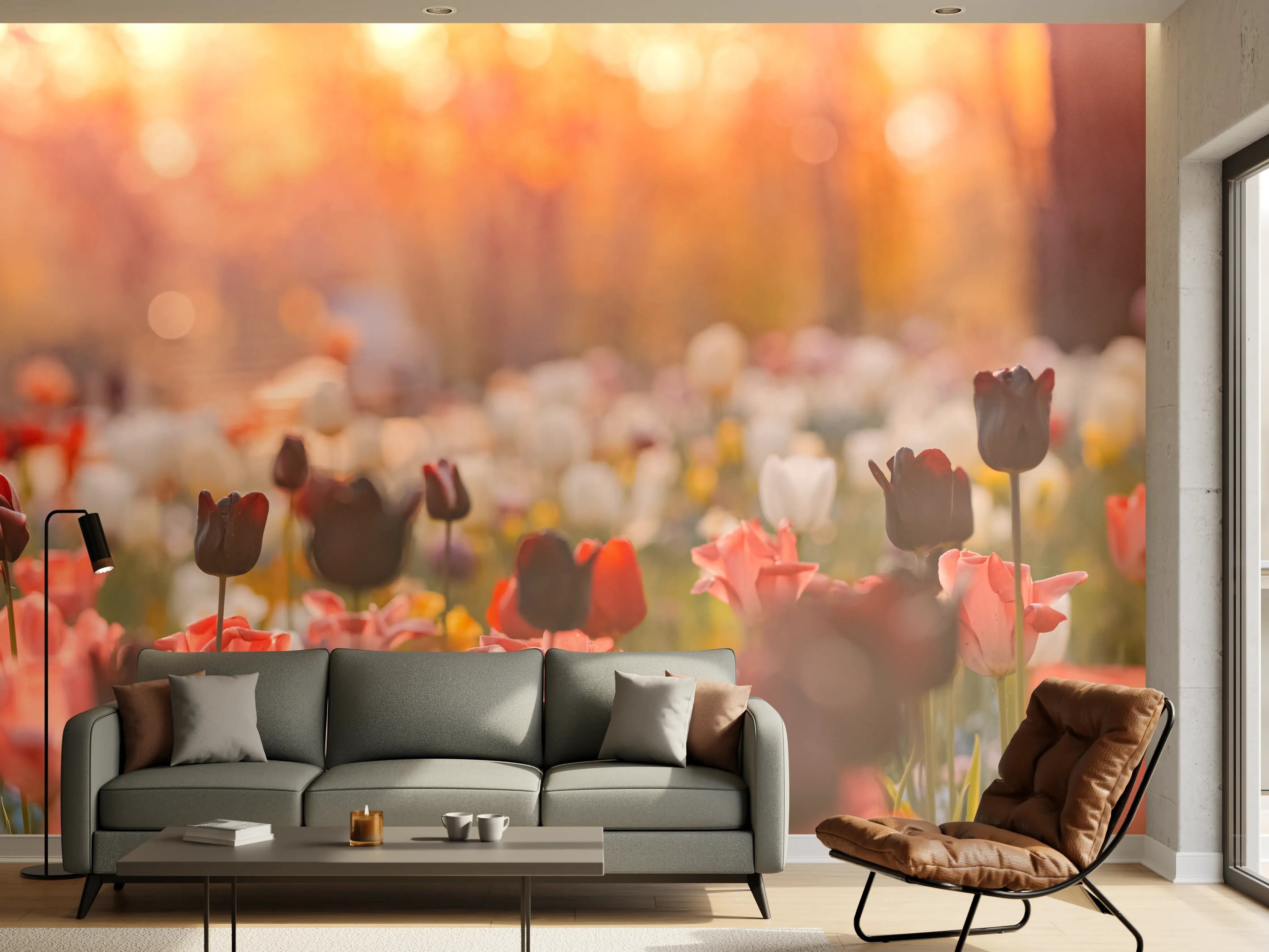 Wandverkleidung Wohnzimmer - Graue Blüten im Abendlicht