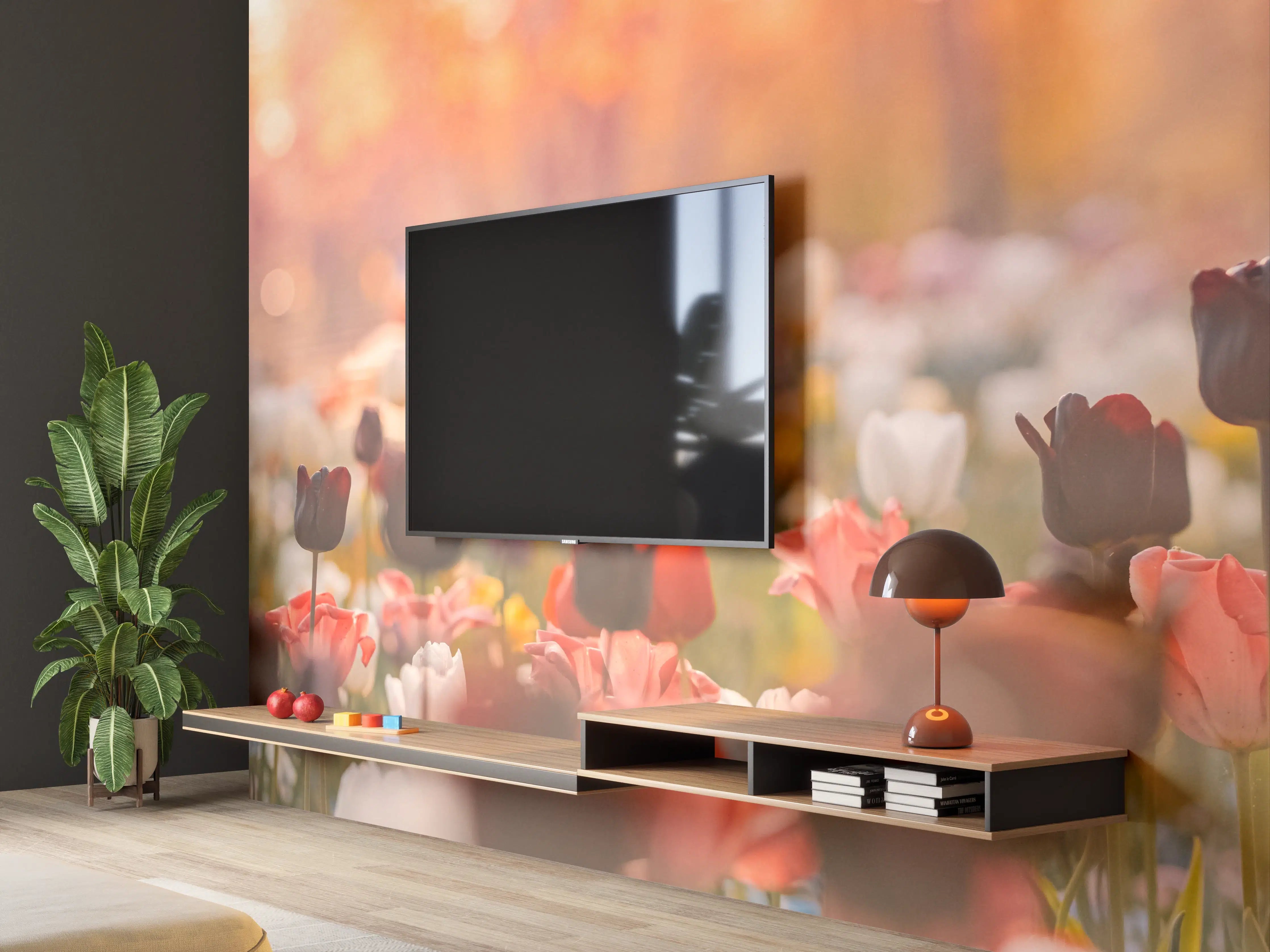Wandverkleidung Wohnzimmer - Graue Blüten im Abendlicht