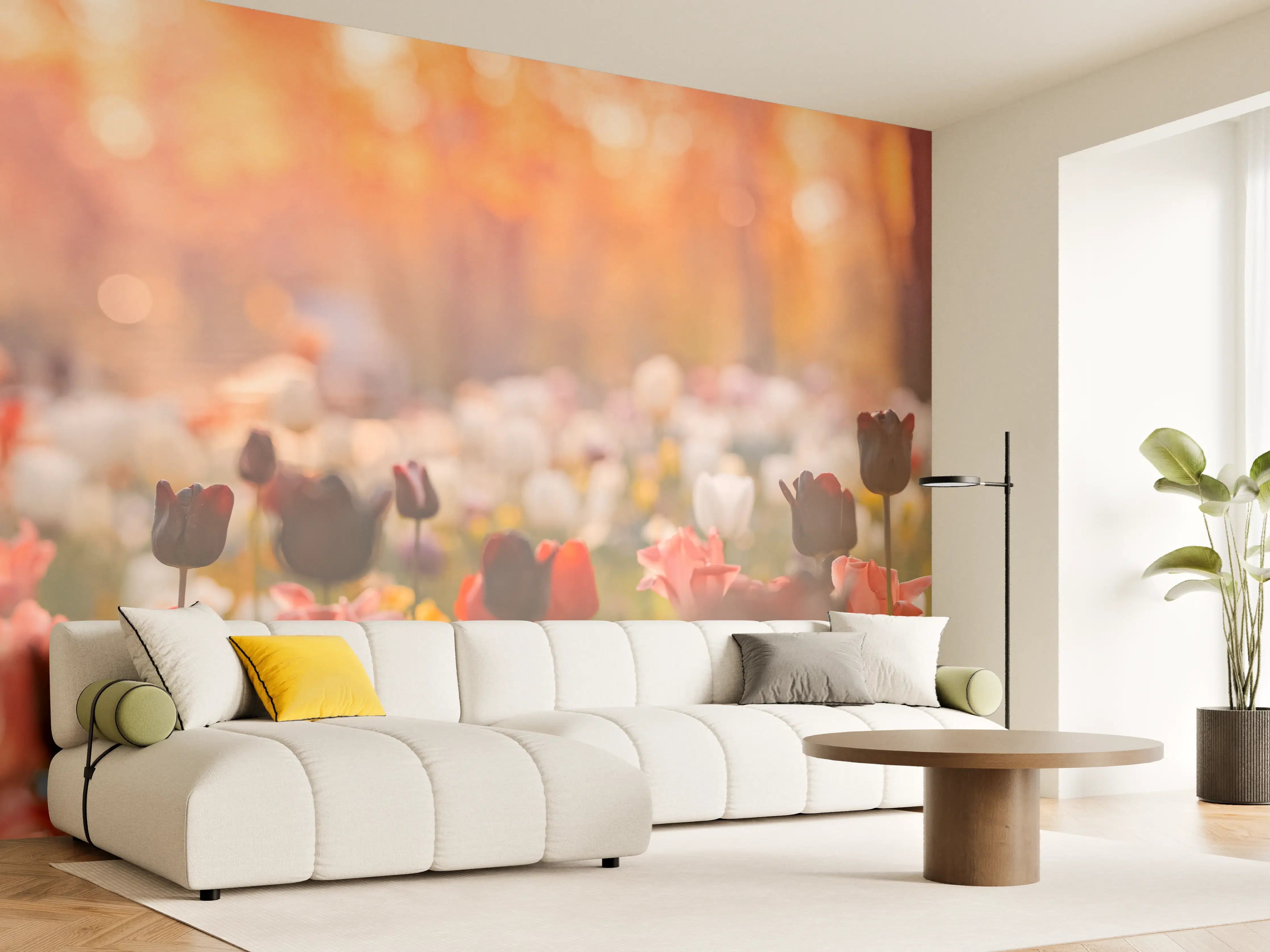 Wandverkleidung Wohnzimmer - Graue Blüten im Abendlicht