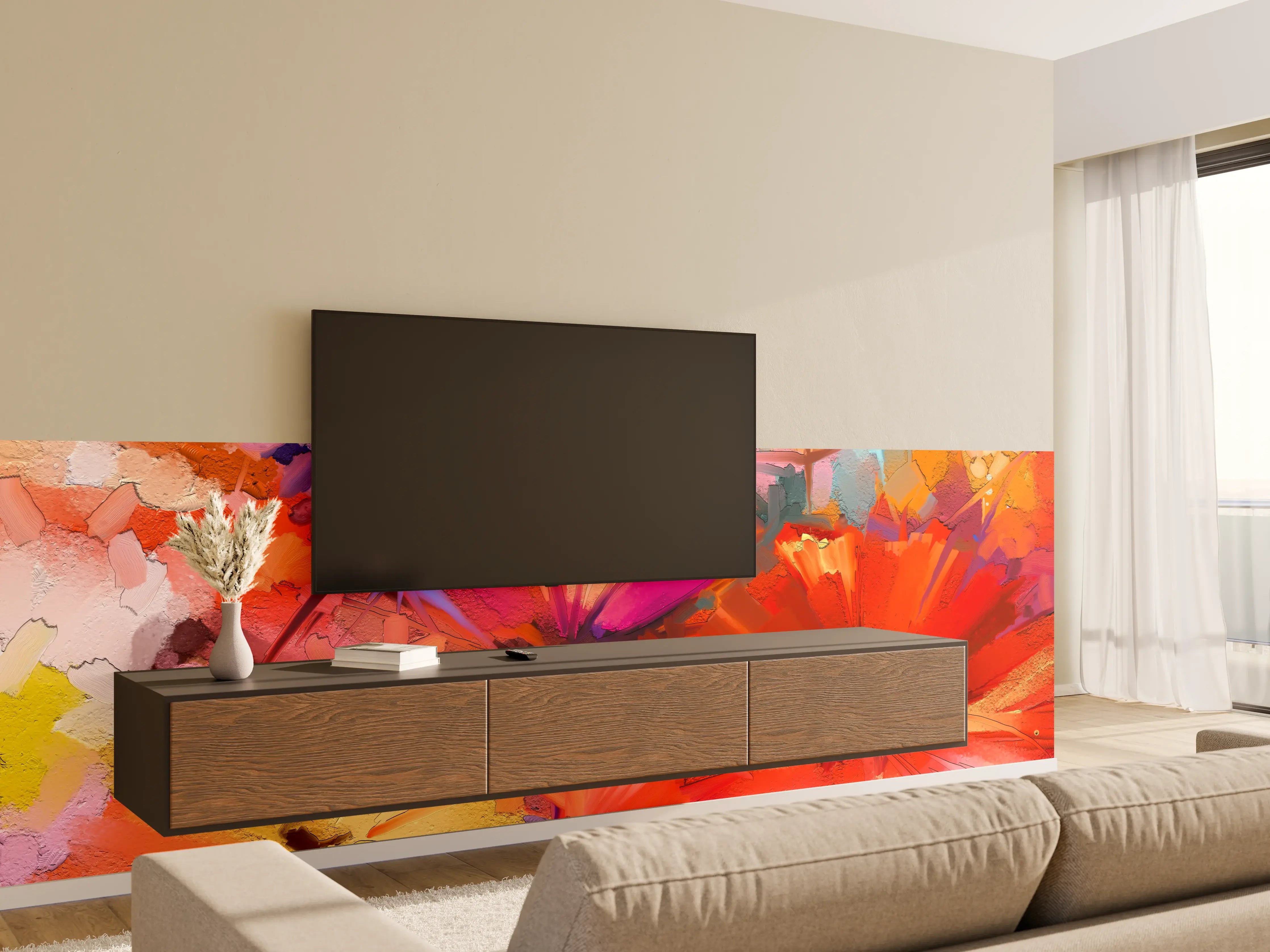 Wandverkleidung Wohnzimmer - Graue Blüten im sanften Aquarell
