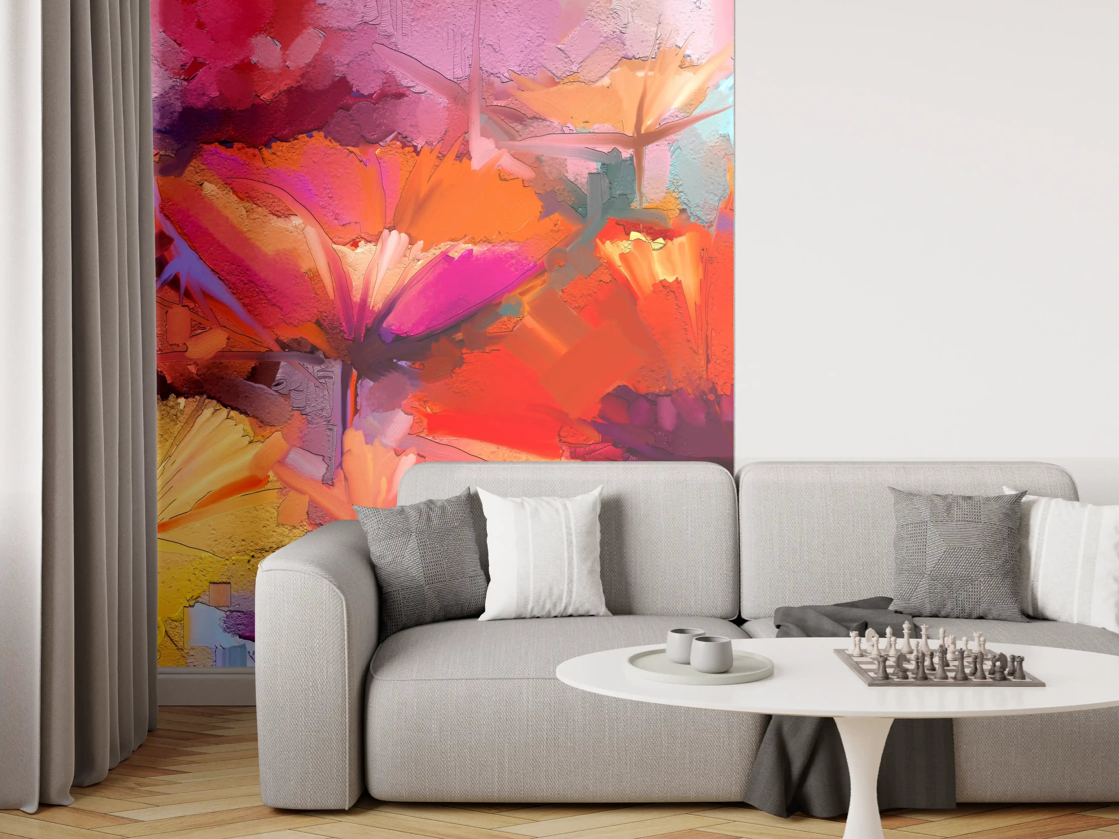 Wandverkleidung Wohnzimmer - Graue Blüten im sanften Aquarell