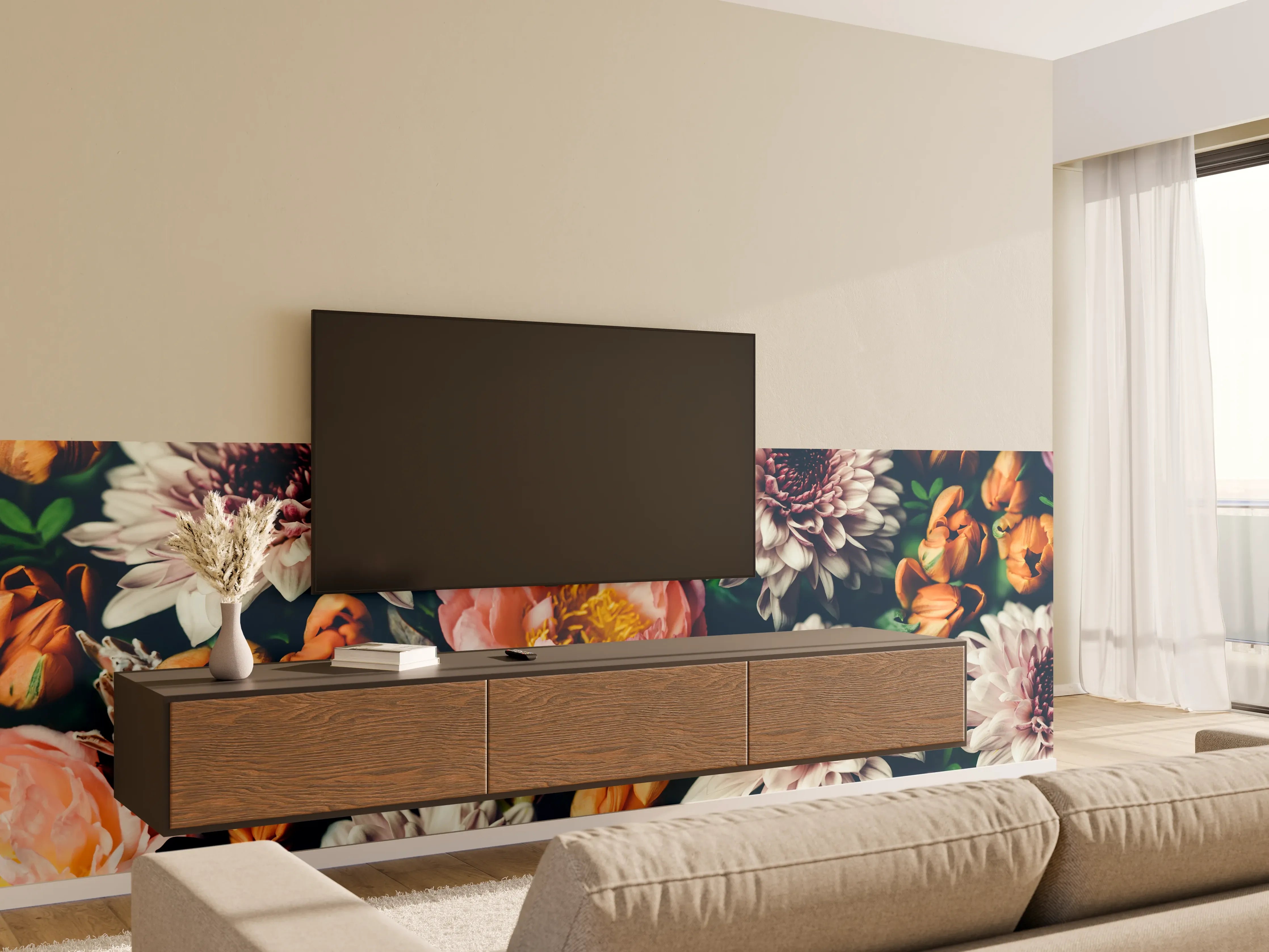 Wandverkleidung Wohnzimmer - Graue Blumen auf dunklem Grund