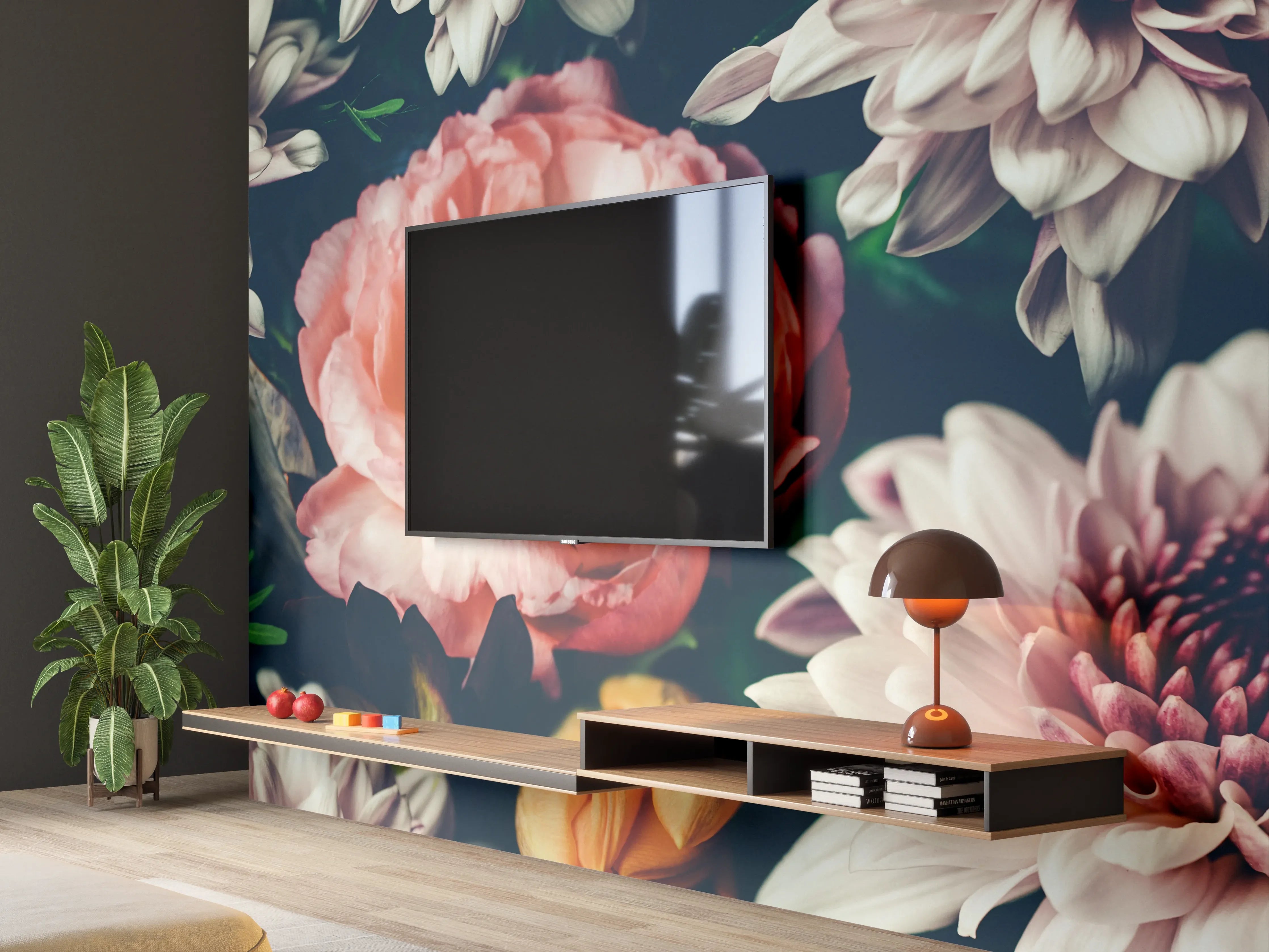 Wandverkleidung Wohnzimmer - Graue Blumen auf dunklem Grund