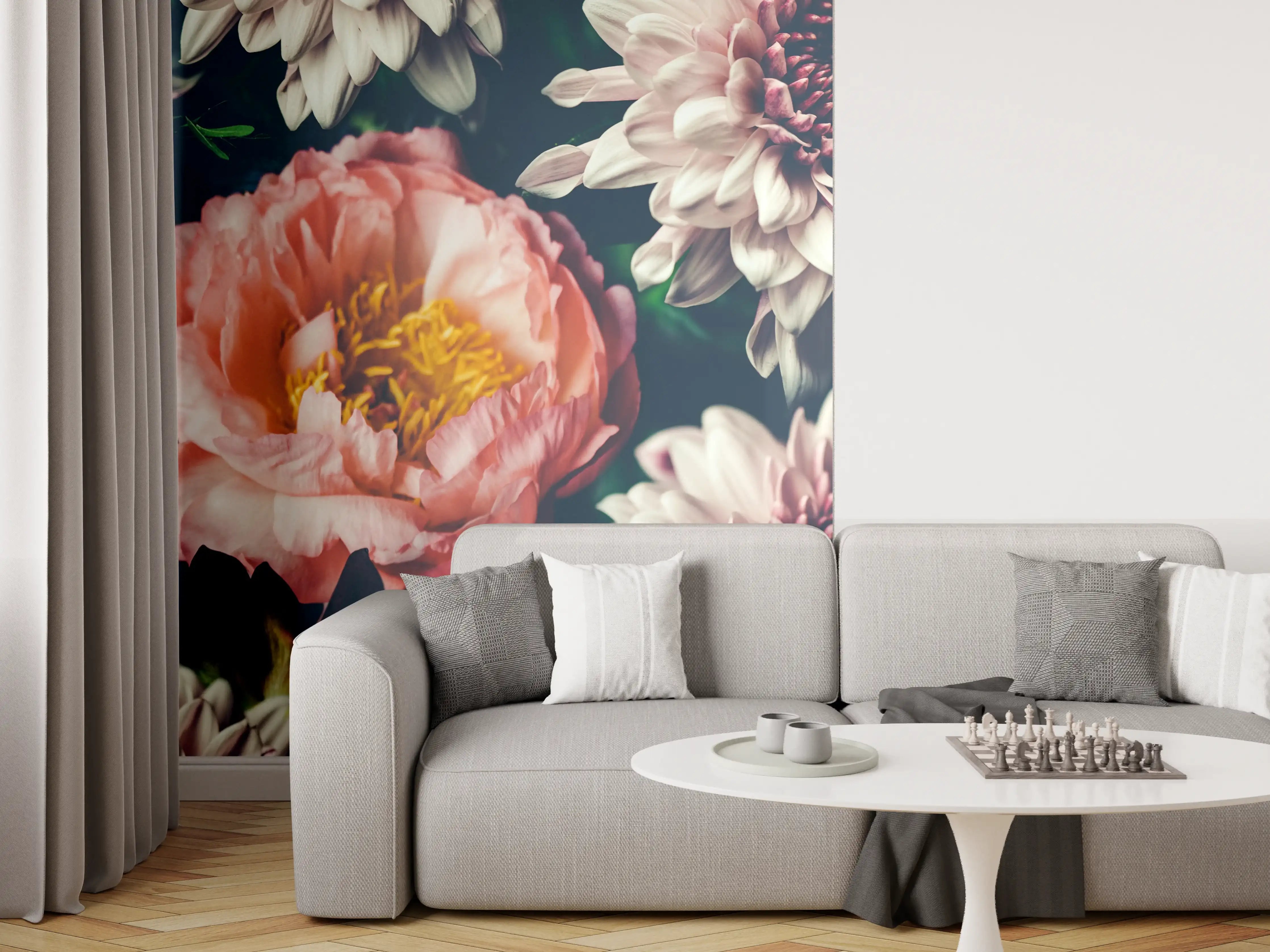 Wandverkleidung Wohnzimmer - Graue Blumen auf dunklem Grund