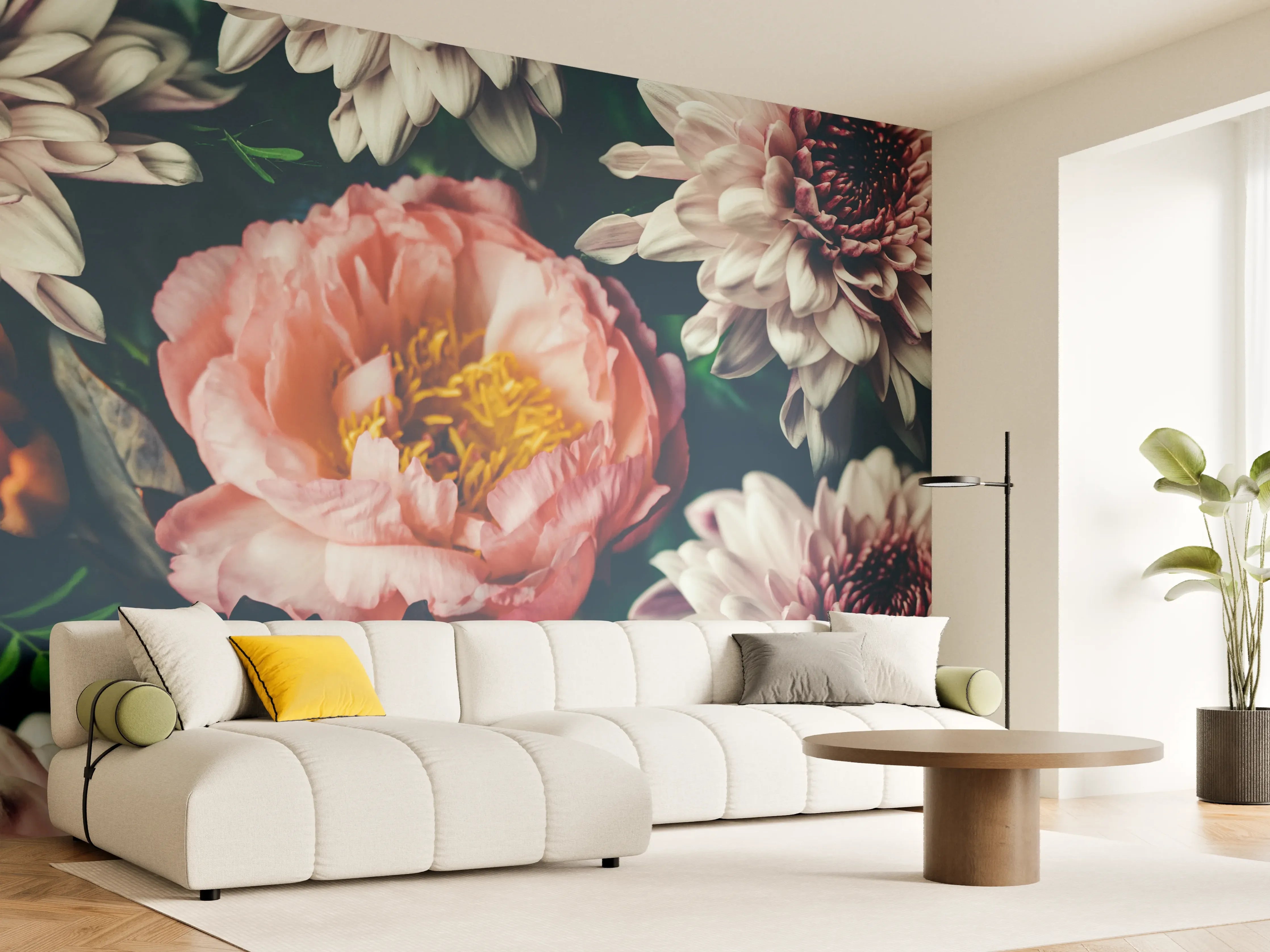 Wandverkleidung Wohnzimmer - Graue Blumen auf dunklem Grund