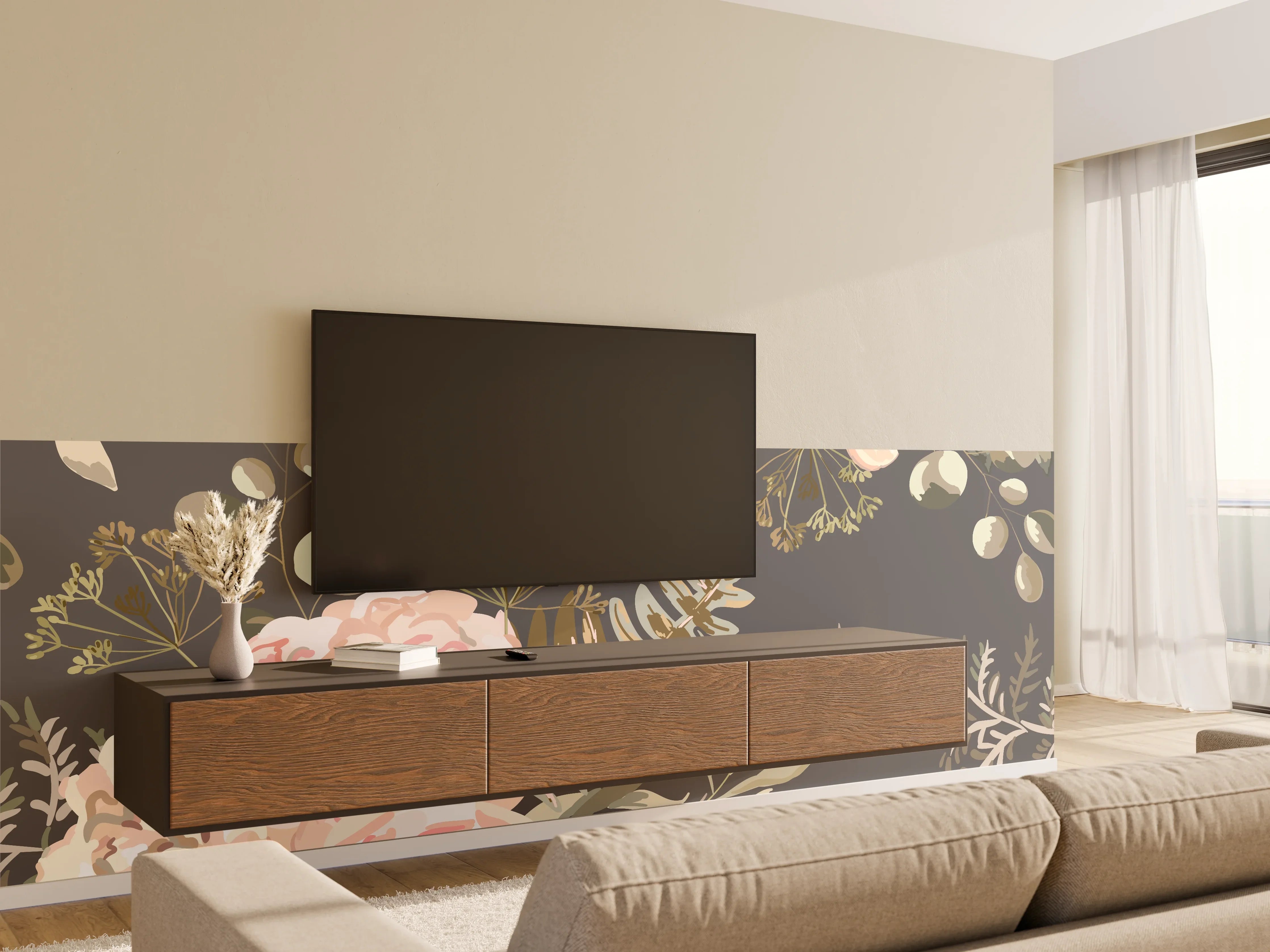 Wandverkleidung Wohnzimmer - Graue Blumen auf dunklem Hintergrund