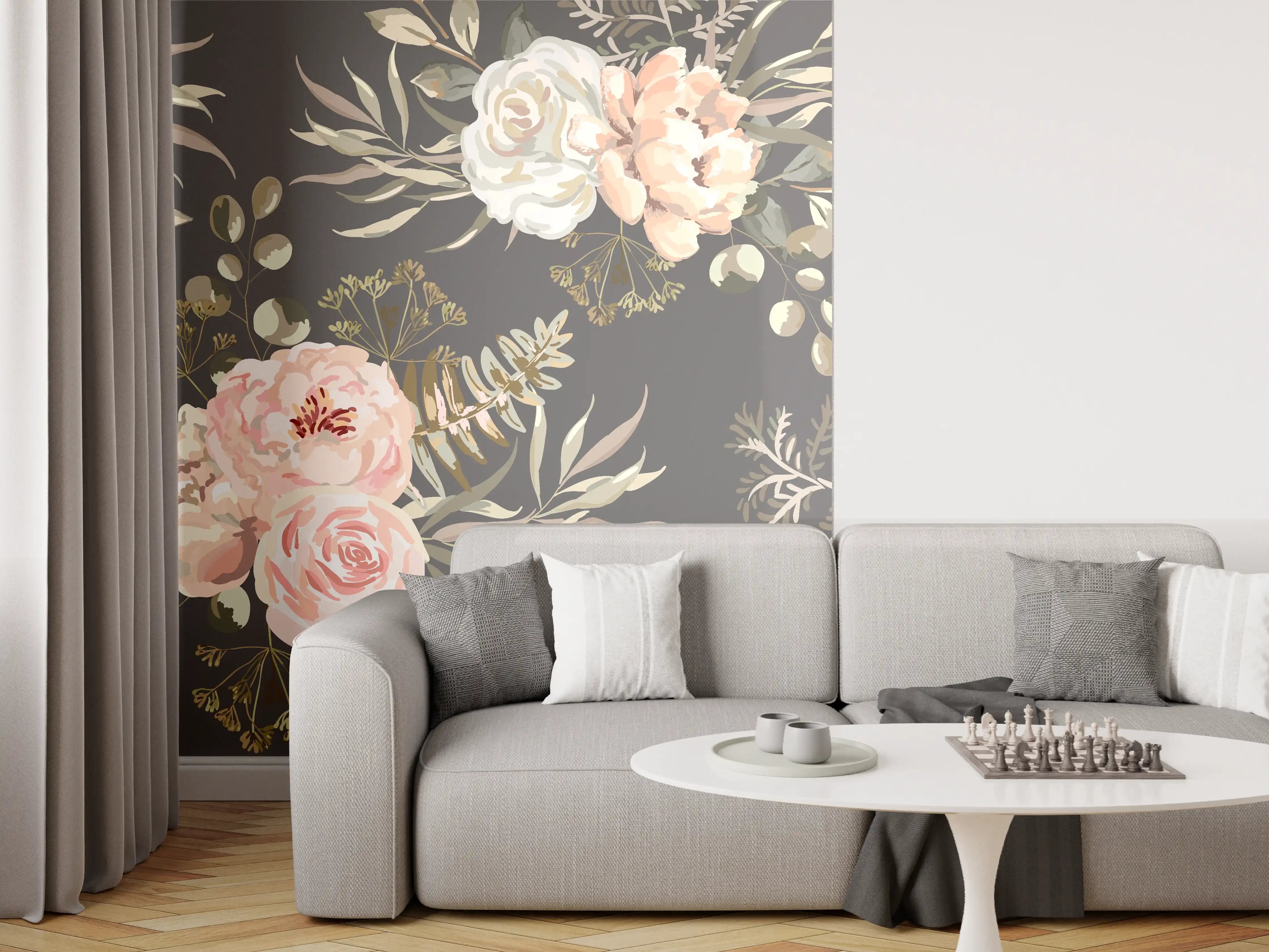Wandverkleidung Wohnzimmer - Graue Blumen auf dunklem Hintergrund