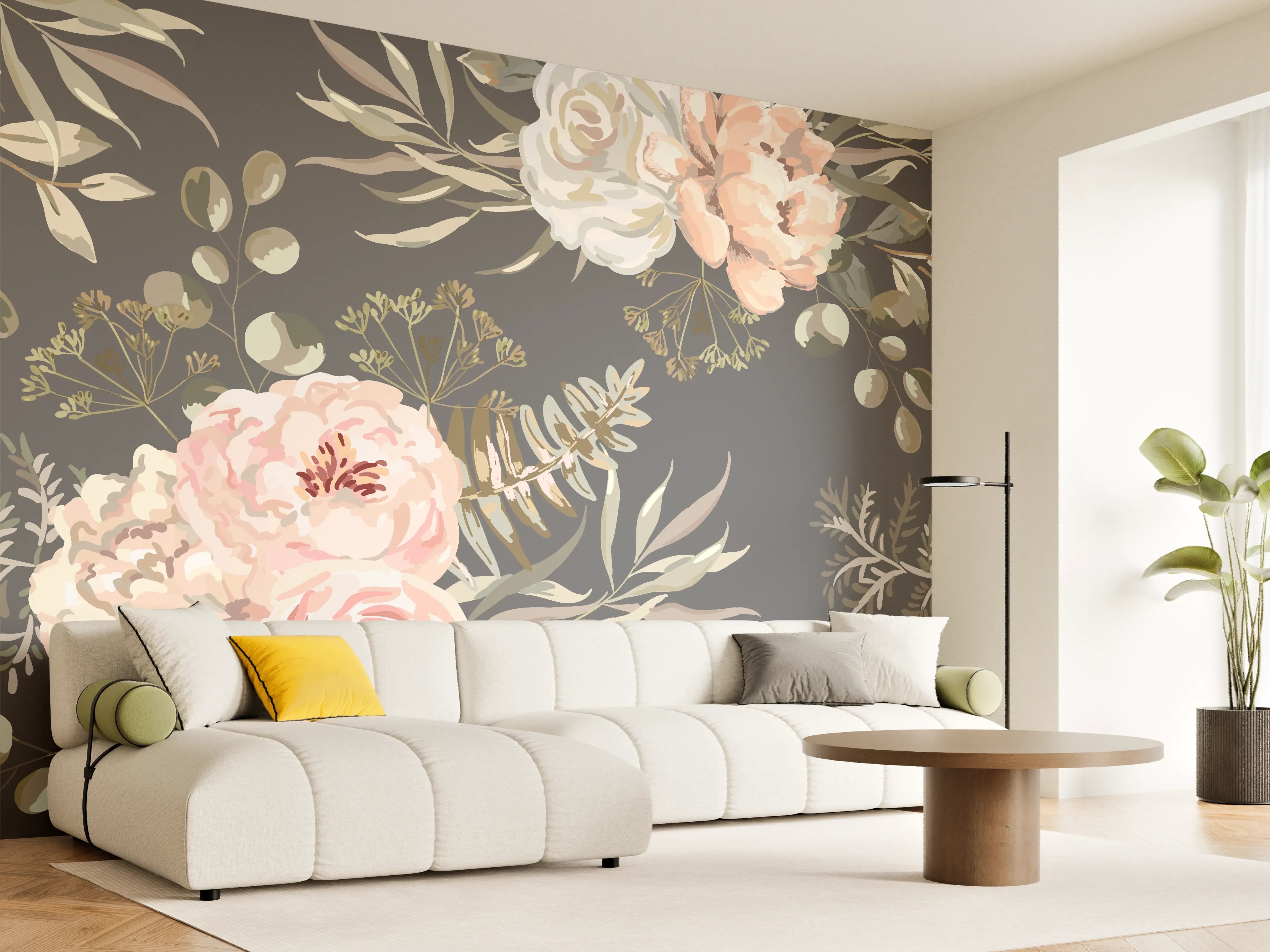 Wandverkleidung Wohnzimmer - Graue Blumen auf dunklem Hintergrund