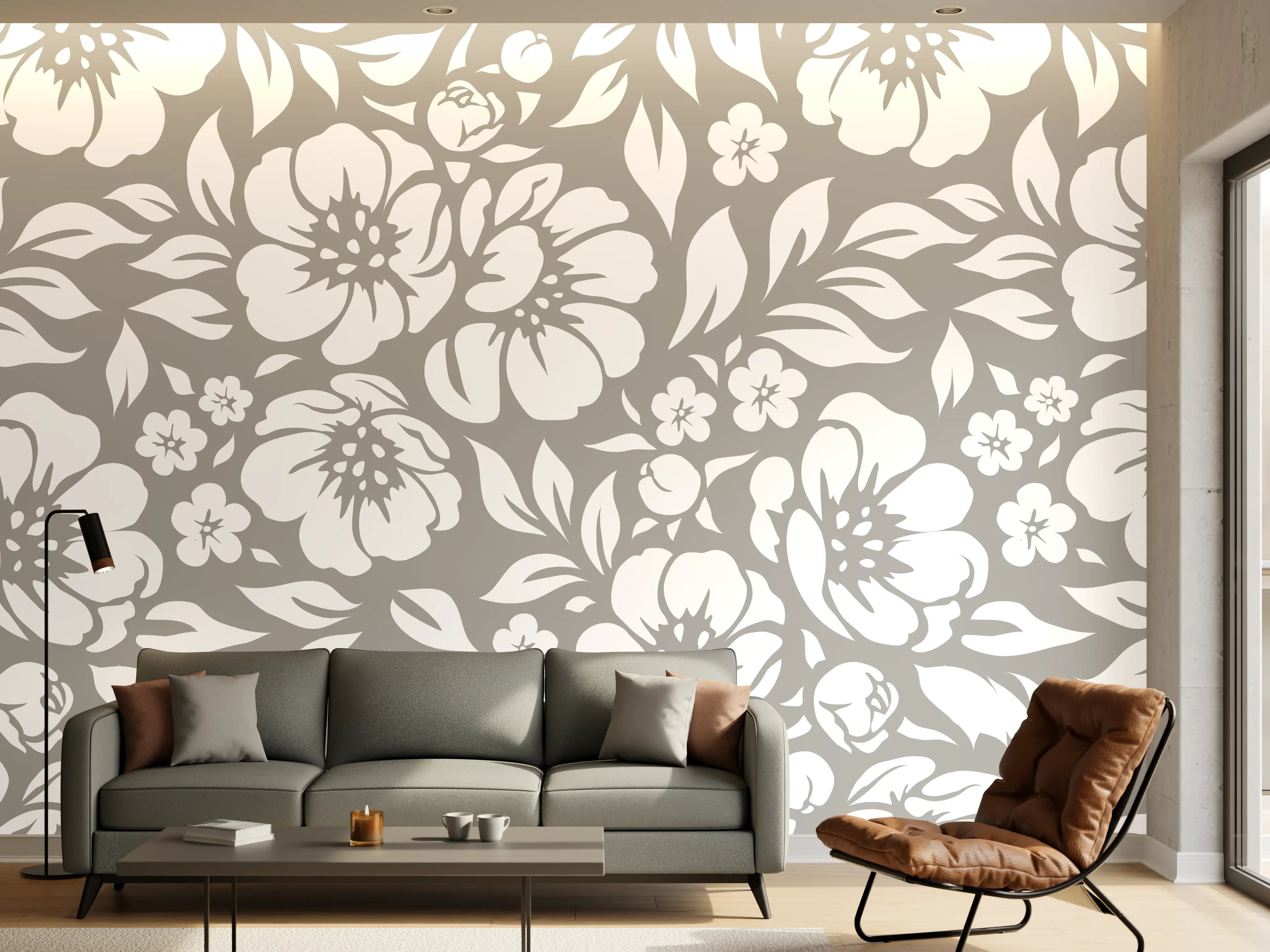 Wandverkleidung Wohnzimmer - Graue Blumen im Weißglanz