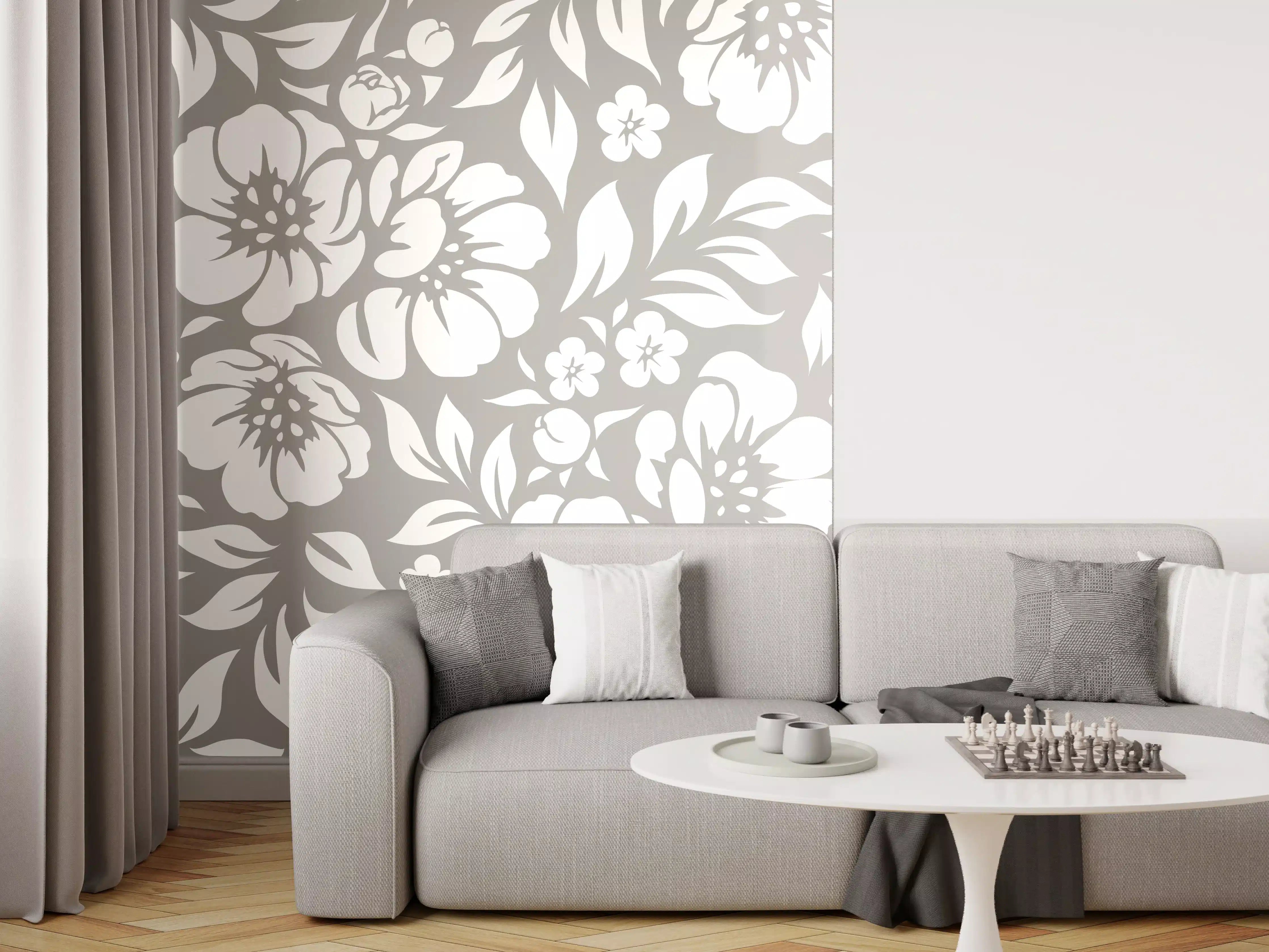 Wandverkleidung Wohnzimmer - Graue Blumen im Weißglanz