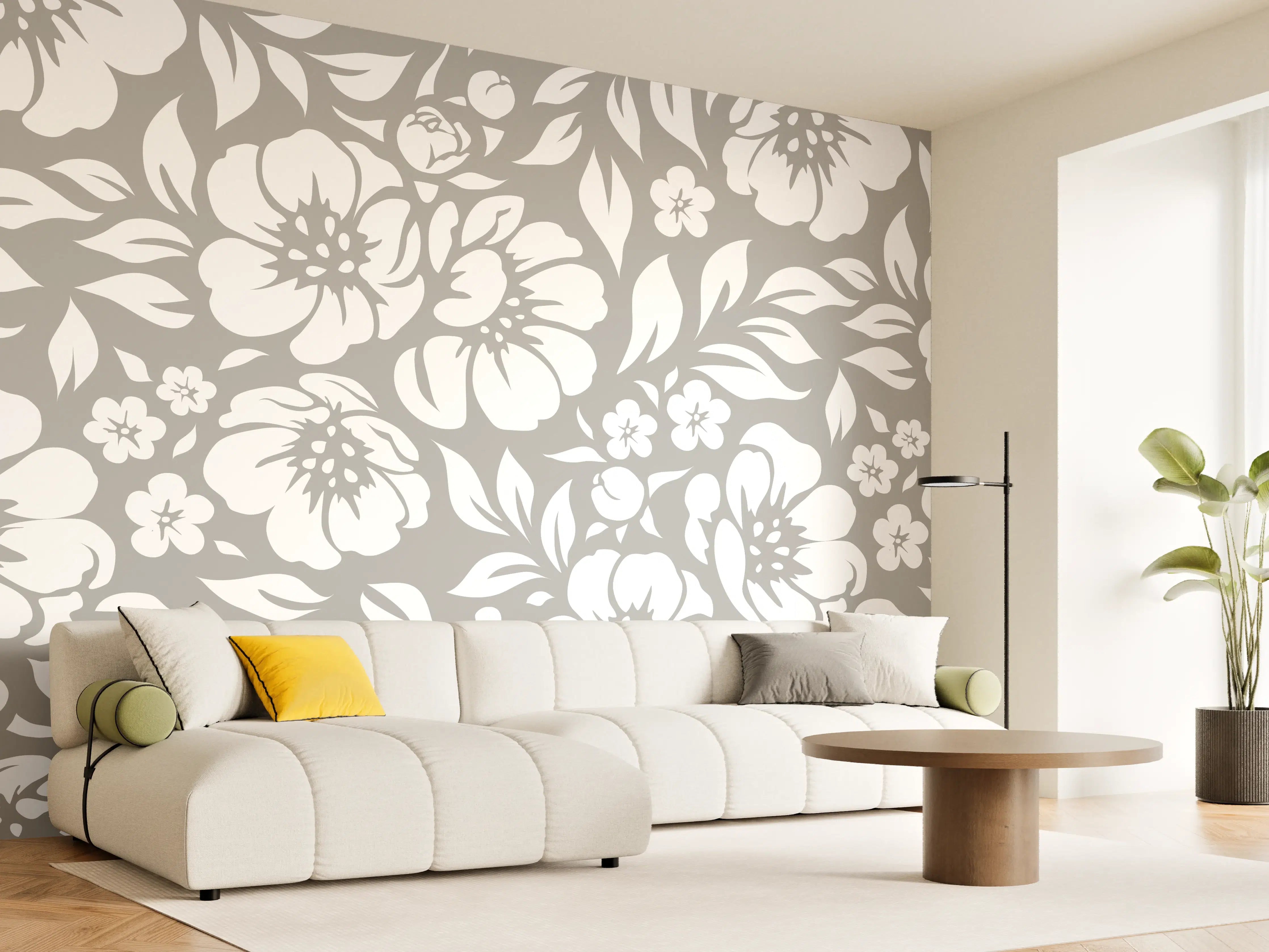 Wandverkleidung Wohnzimmer - Graue Blumen im Weißglanz